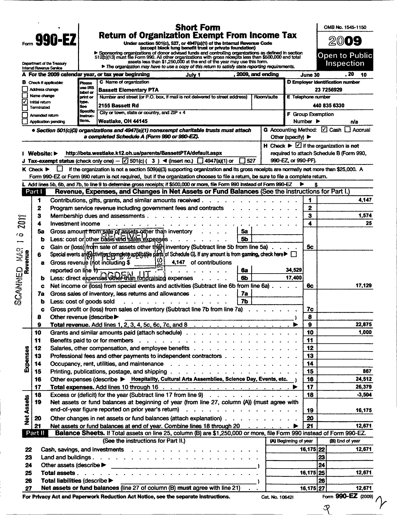 Image of first page of 2009 Form 990EZ for Westlake Elementary PTA