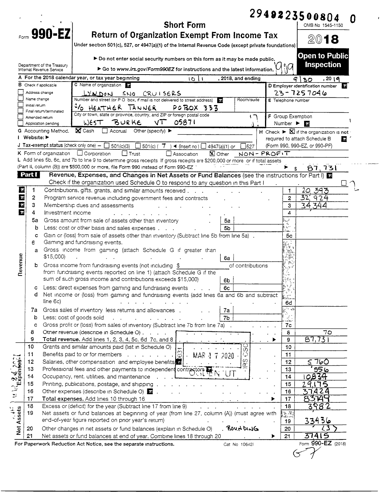 Image of first page of 2018 Form 990EO for Lyndon Sno Cruisers