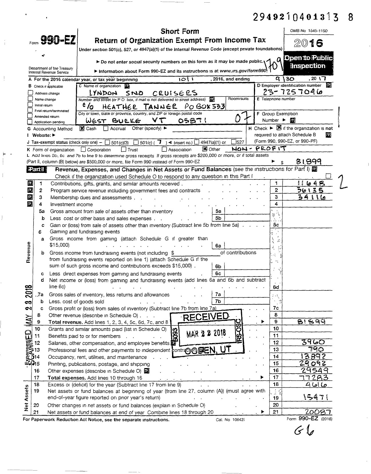 Image of first page of 2016 Form 990EO for Lyndon Sno Cruisers