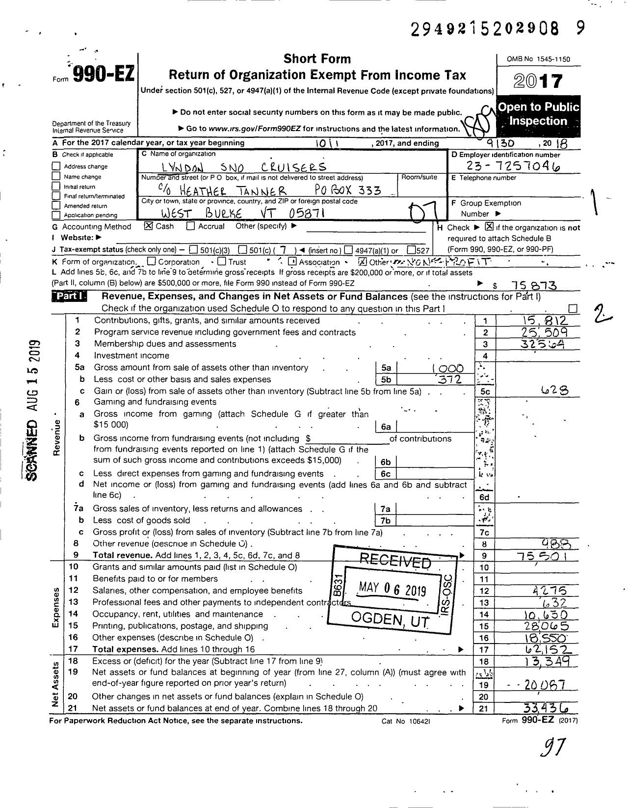 Image of first page of 2017 Form 990EO for Lyndon Sno Cruisers