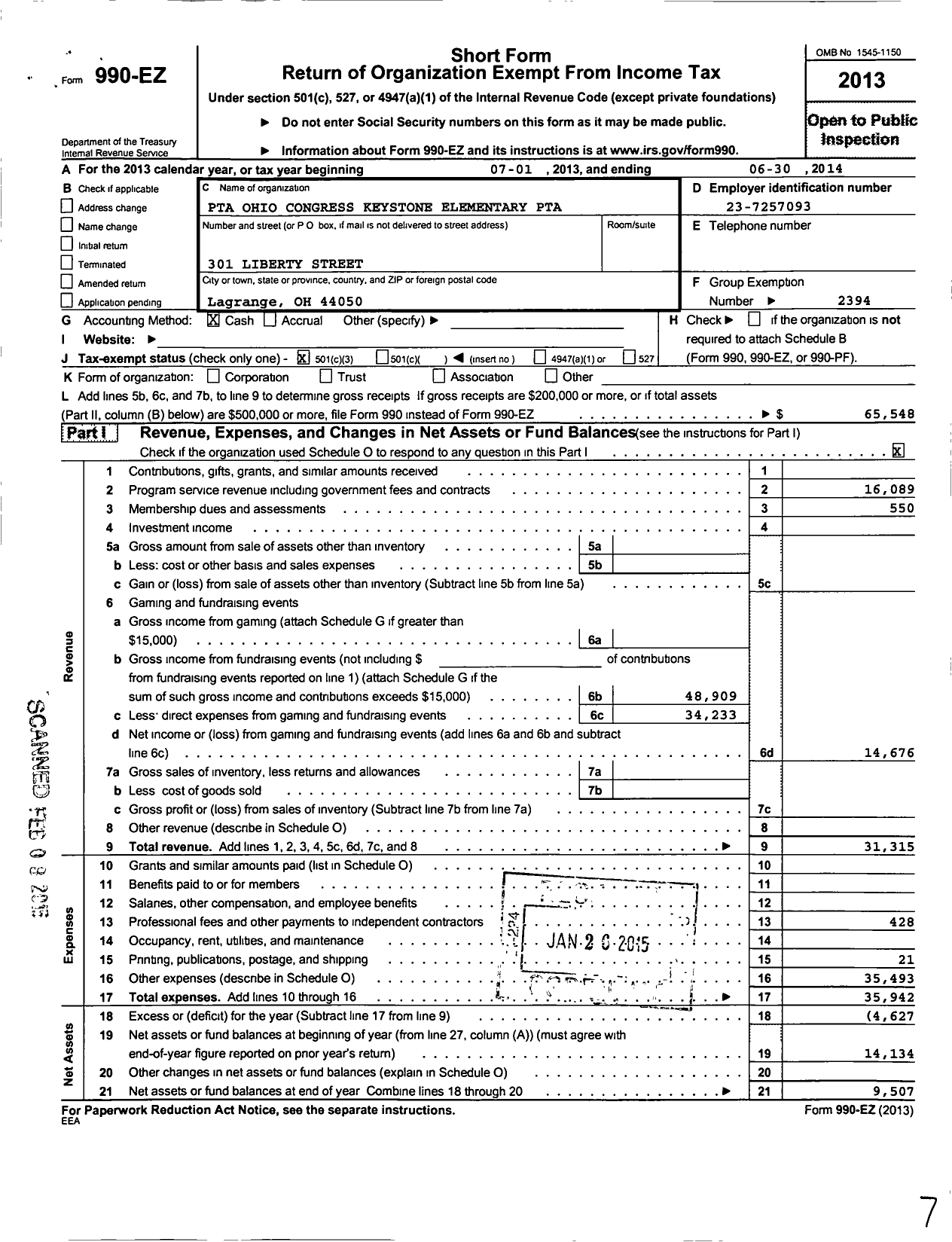 Image of first page of 2013 Form 990EZ for Pta Ohio congress / Keystone Elementary PTA