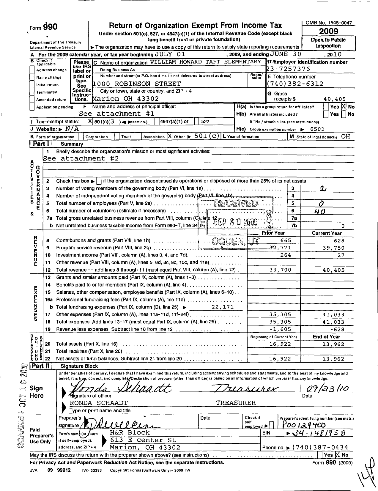 Image of first page of 2009 Form 990 for Ptao William Howard Taft Elementary