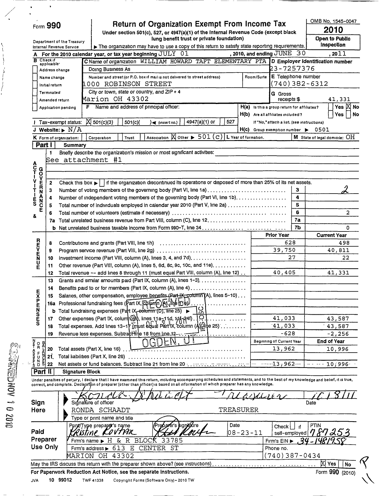 Image of first page of 2010 Form 990 for Ptao William Howard Taft Elementary