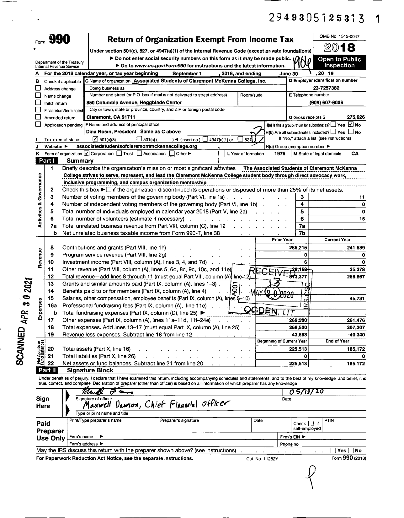 Image of first page of 2018 Form 990 for Associated Students of Claremont McKenna College