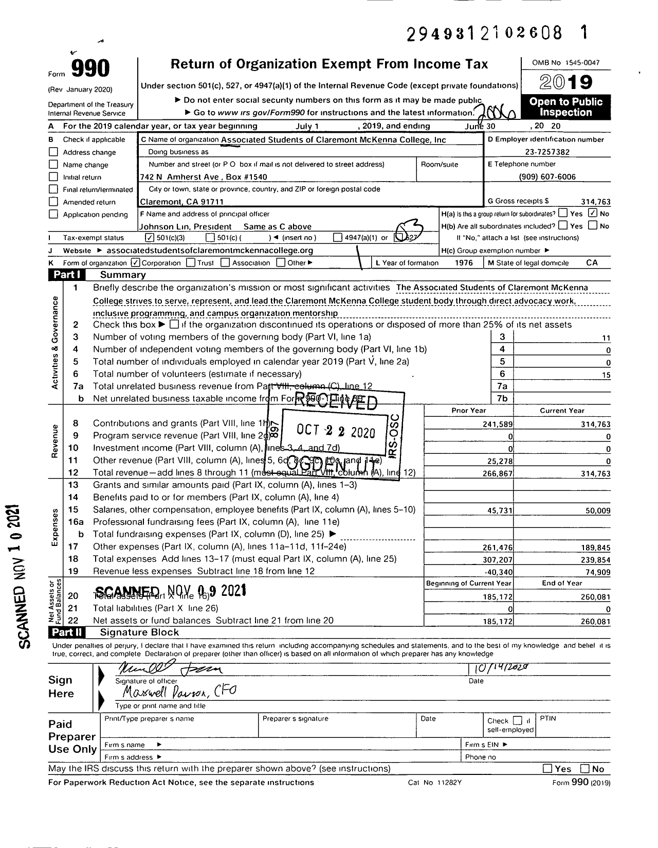 Image of first page of 2019 Form 990 for Associated Students of Claremont McKenna College