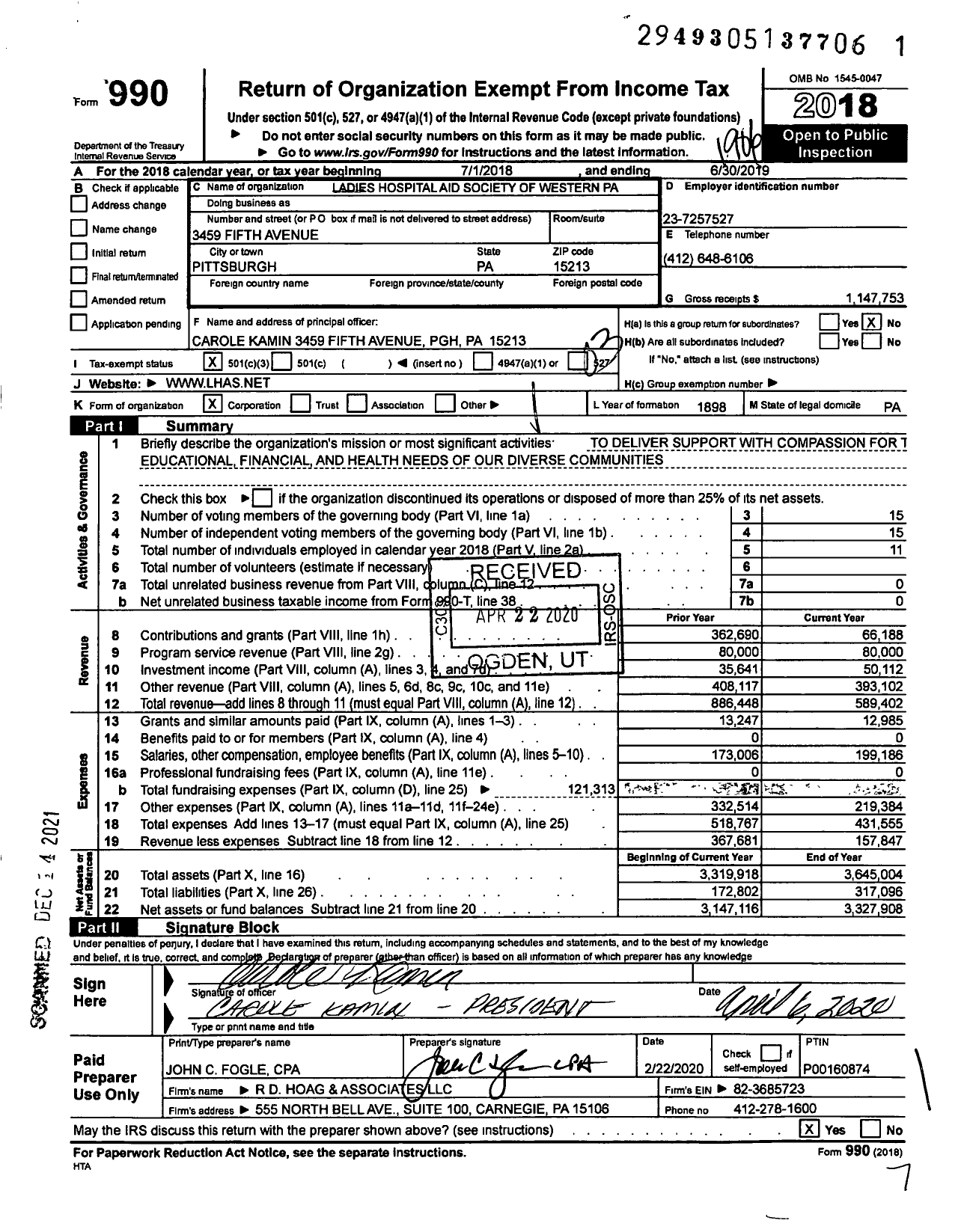 Image of first page of 2018 Form 990 for Ladies Hospital Aid Society of Western Pa