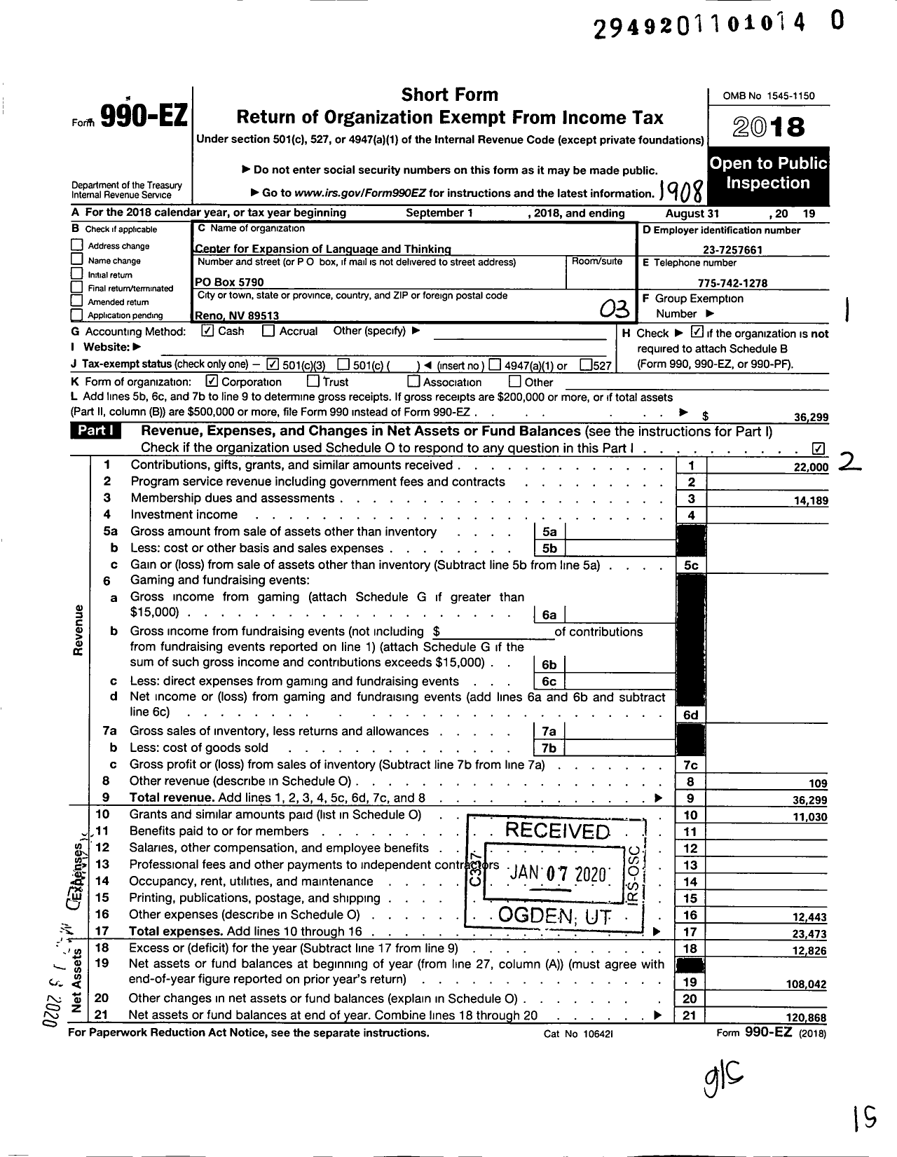 Image of first page of 2018 Form 990EZ for Center for Expansion of Language and Thinking