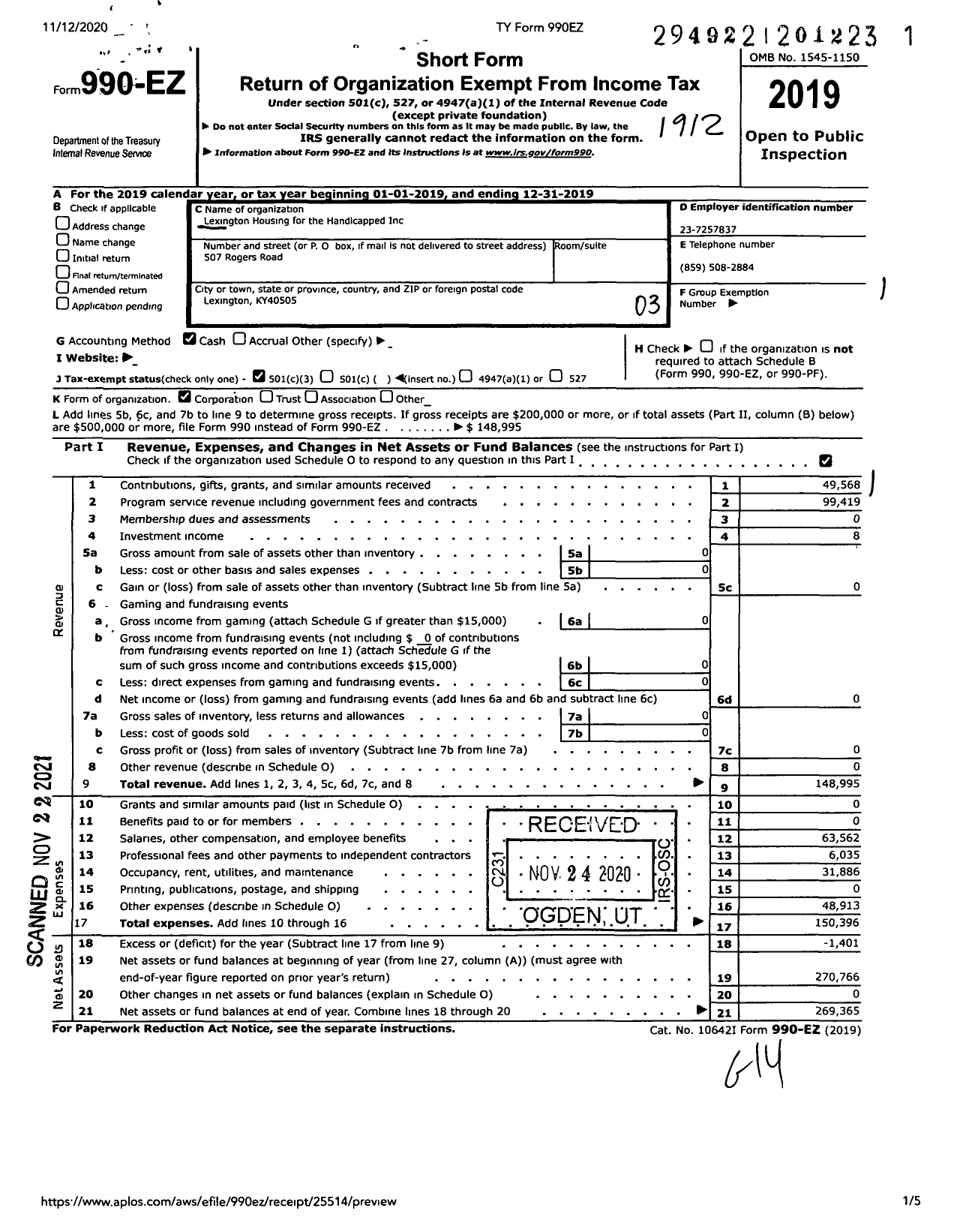 Image of first page of 2019 Form 990EZ for Lexington Housing for the Handicapped