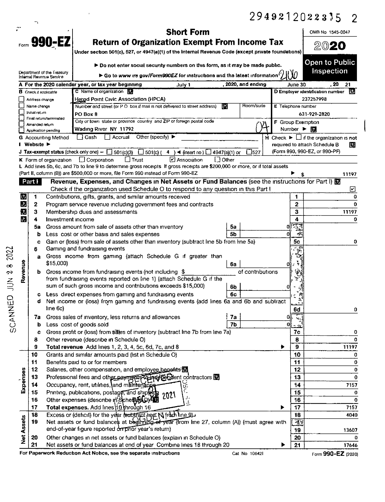 Image of first page of 2020 Form 990EO for Herod Point Civic Association