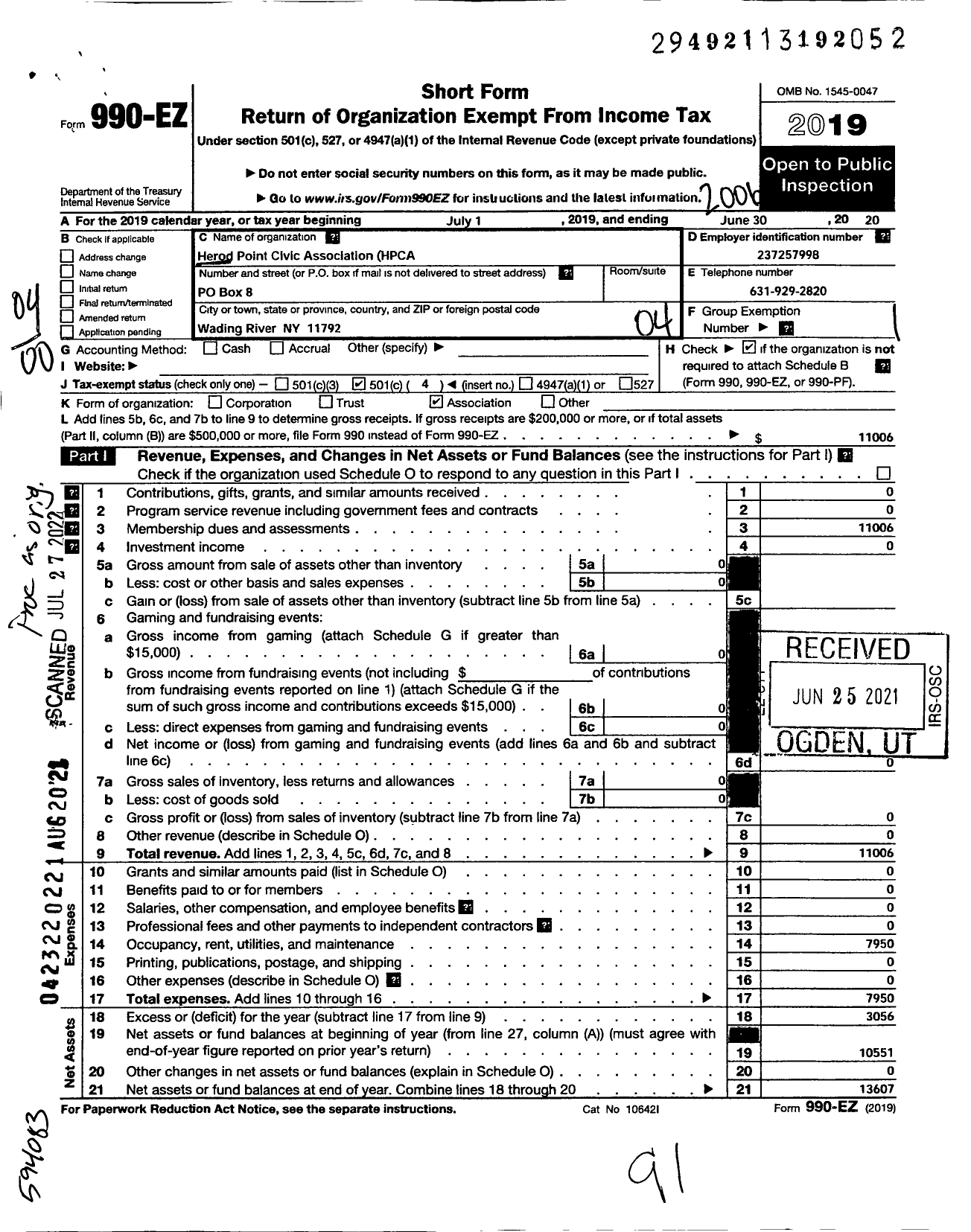 Image of first page of 2019 Form 990EO for Herod Point Civic Association