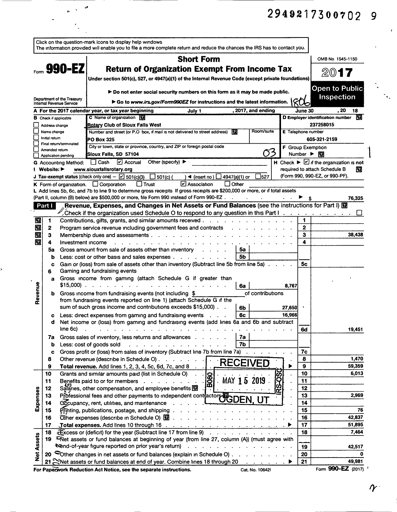 Image of first page of 2017 Form 990EZ for Rotary Club os Sioux Falls - West