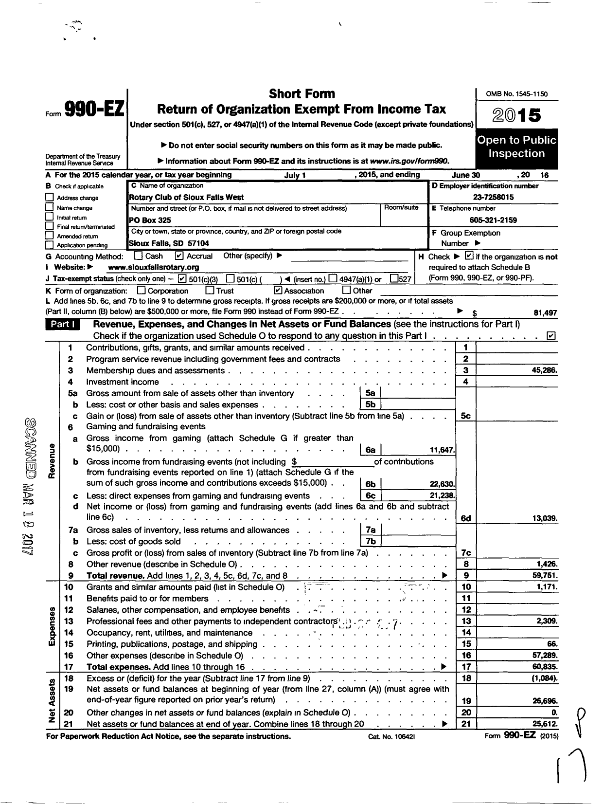 Image of first page of 2015 Form 990EZ for Rotary Club os Sioux Falls - West