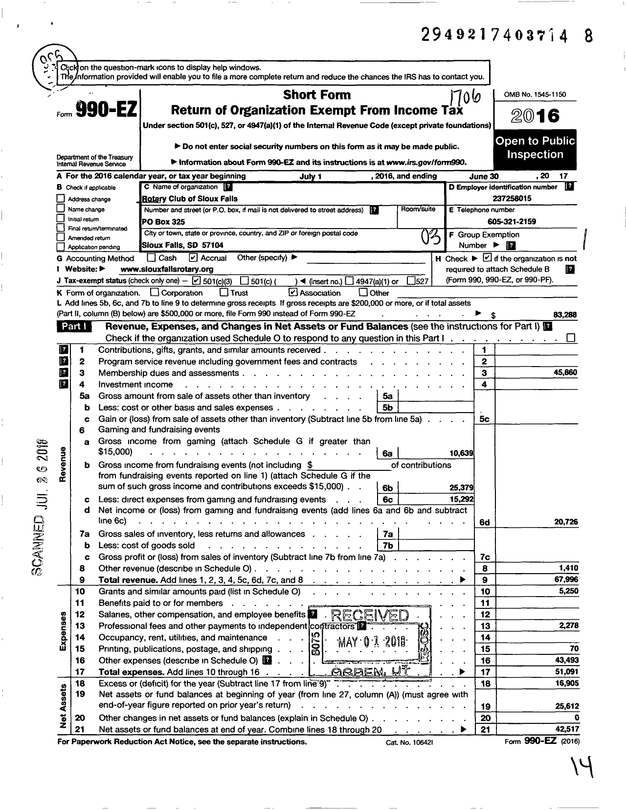 Image of first page of 2016 Form 990EZ for Rotary Club os Sioux Falls - West