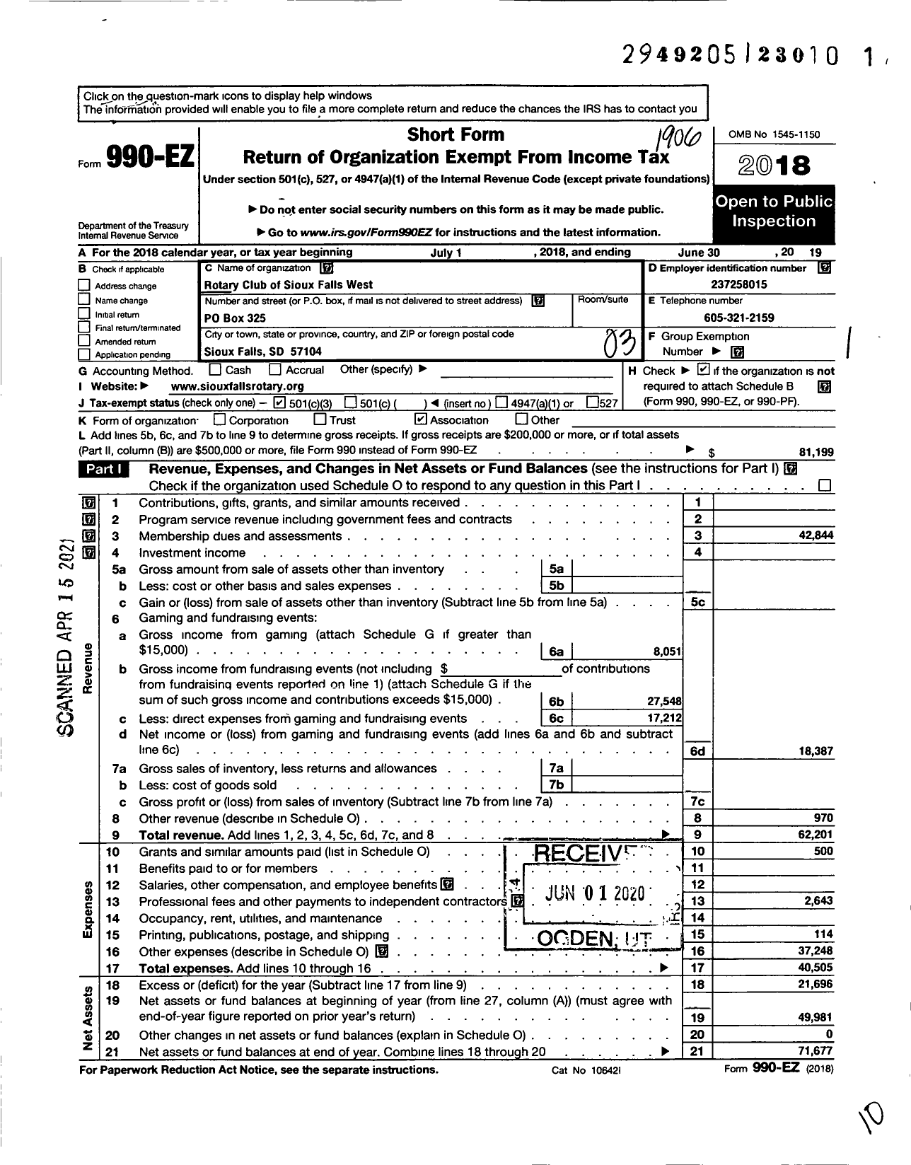 Image of first page of 2018 Form 990EZ for Rotary Club os Sioux Falls - West