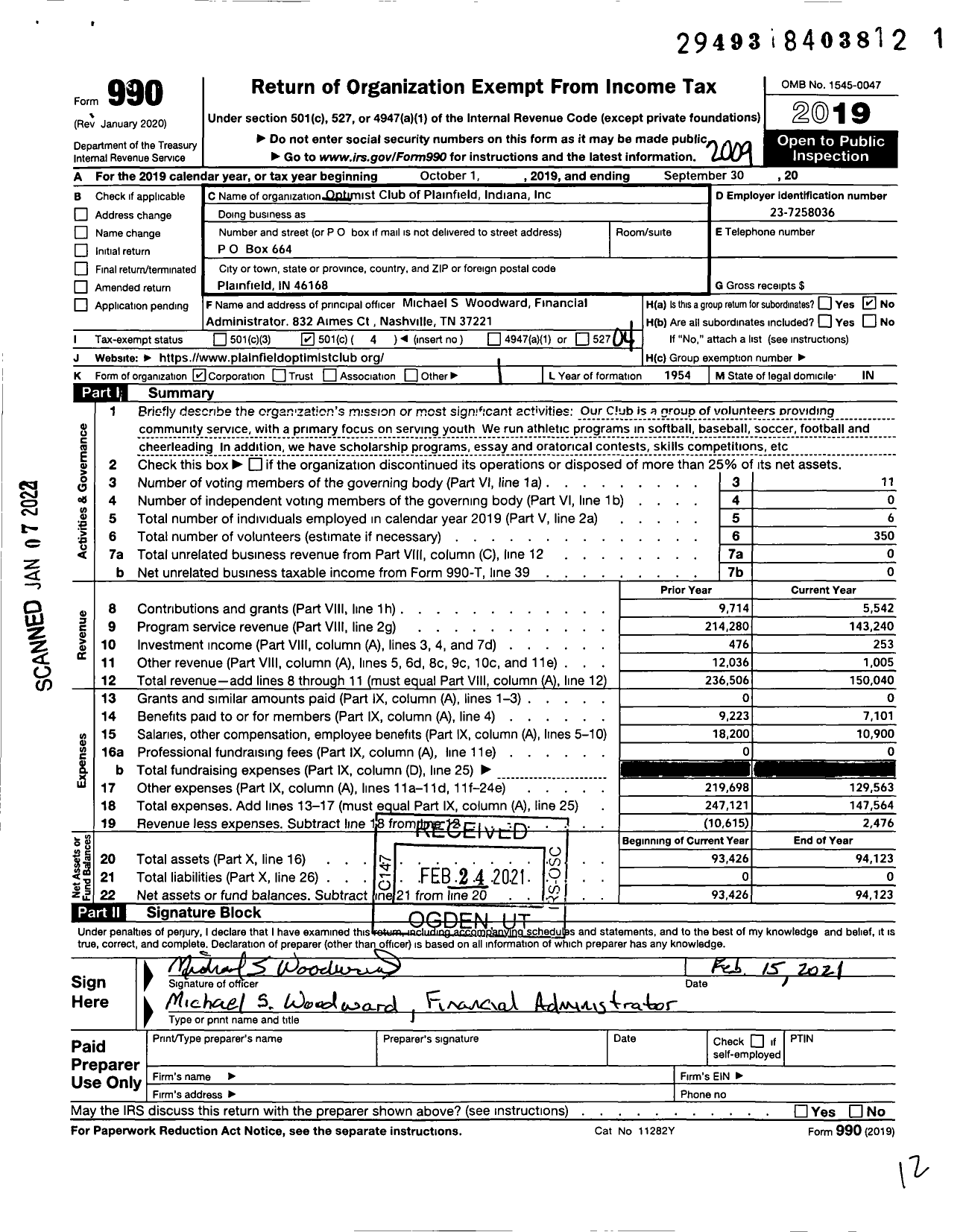 Image of first page of 2019 Form 990O for Optimist International - Plainfield Optimist Club