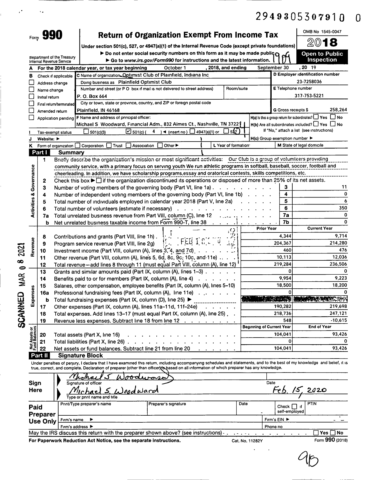 Image of first page of 2018 Form 990O for Optimist International - Plainfield Optimist Club