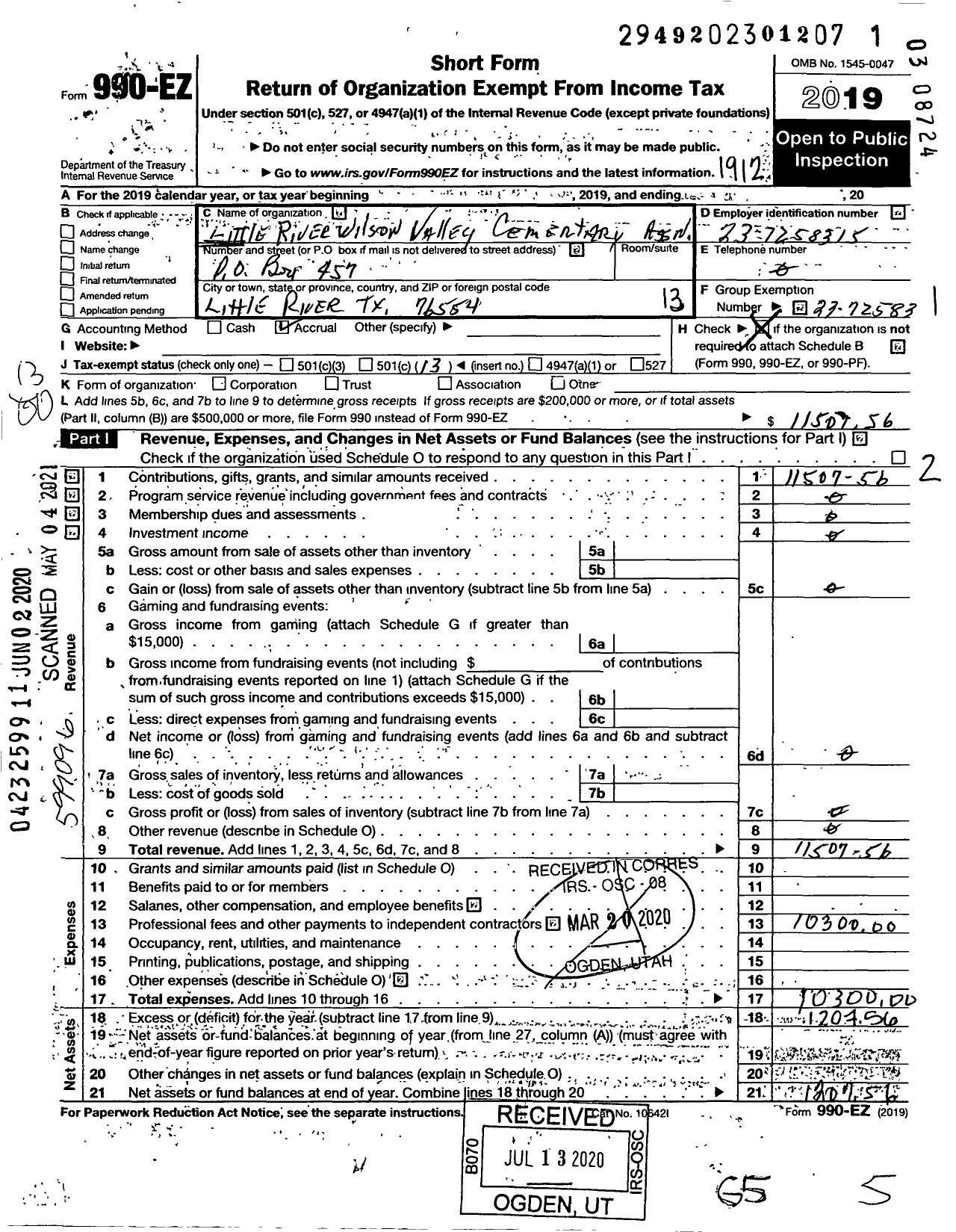 Image of first page of 2019 Form 990EO for Little River-Wilson Valley Cemetery Association