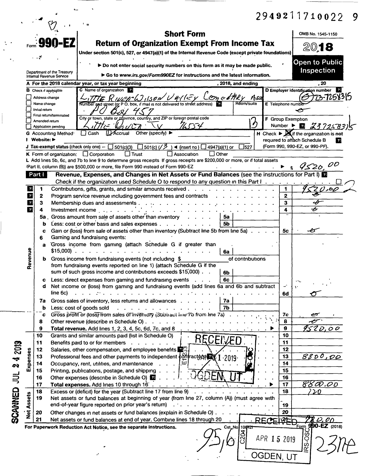 Image of first page of 2018 Form 990EO for Little River-Wilson Valley Cemetery Association