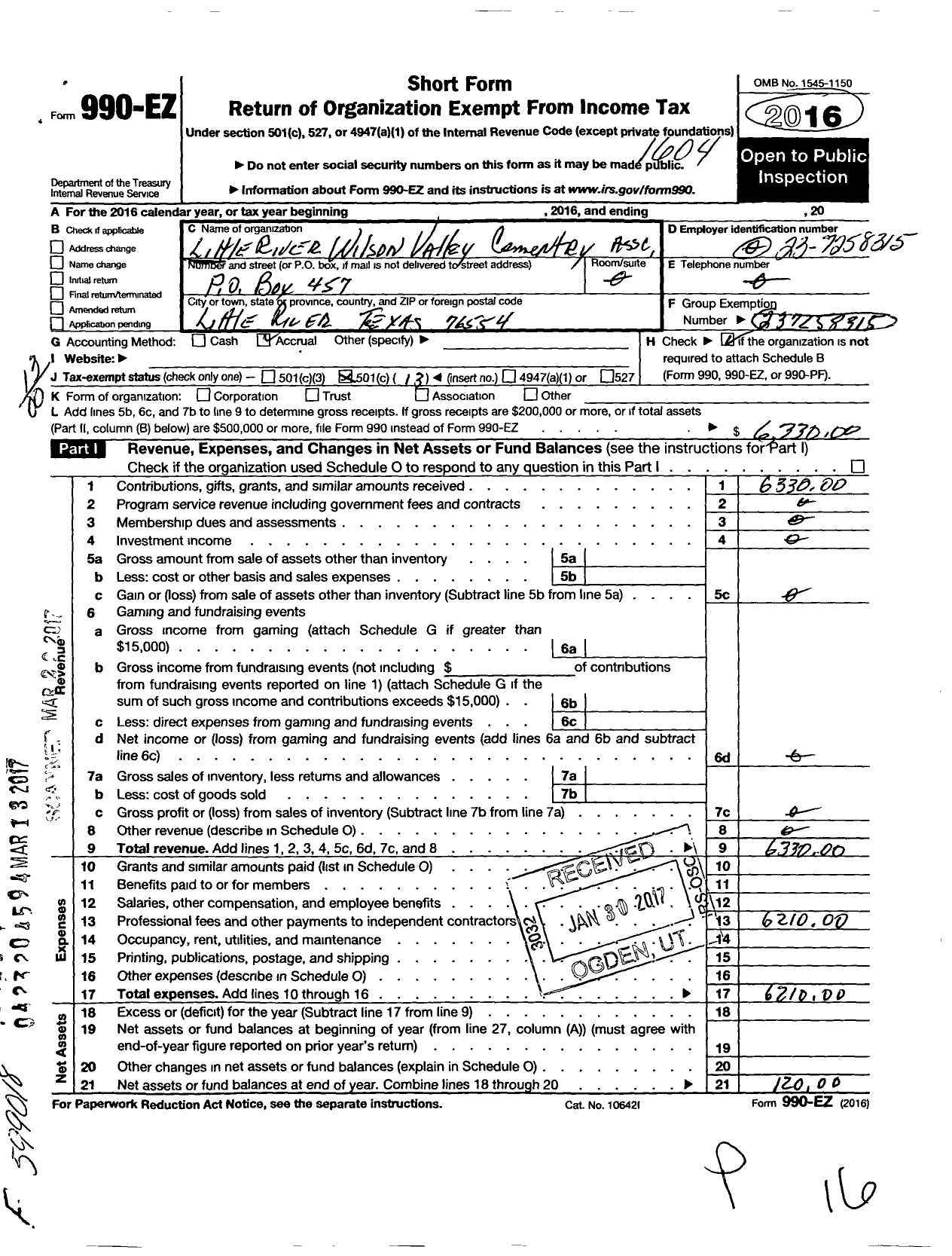 Image of first page of 2015 Form 990EO for Little River-Wilson Valley Cemetery Association