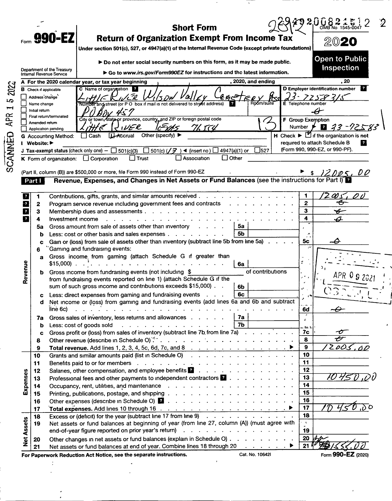 Image of first page of 2020 Form 990EO for Little River-Wilson Valley Cemetery Association