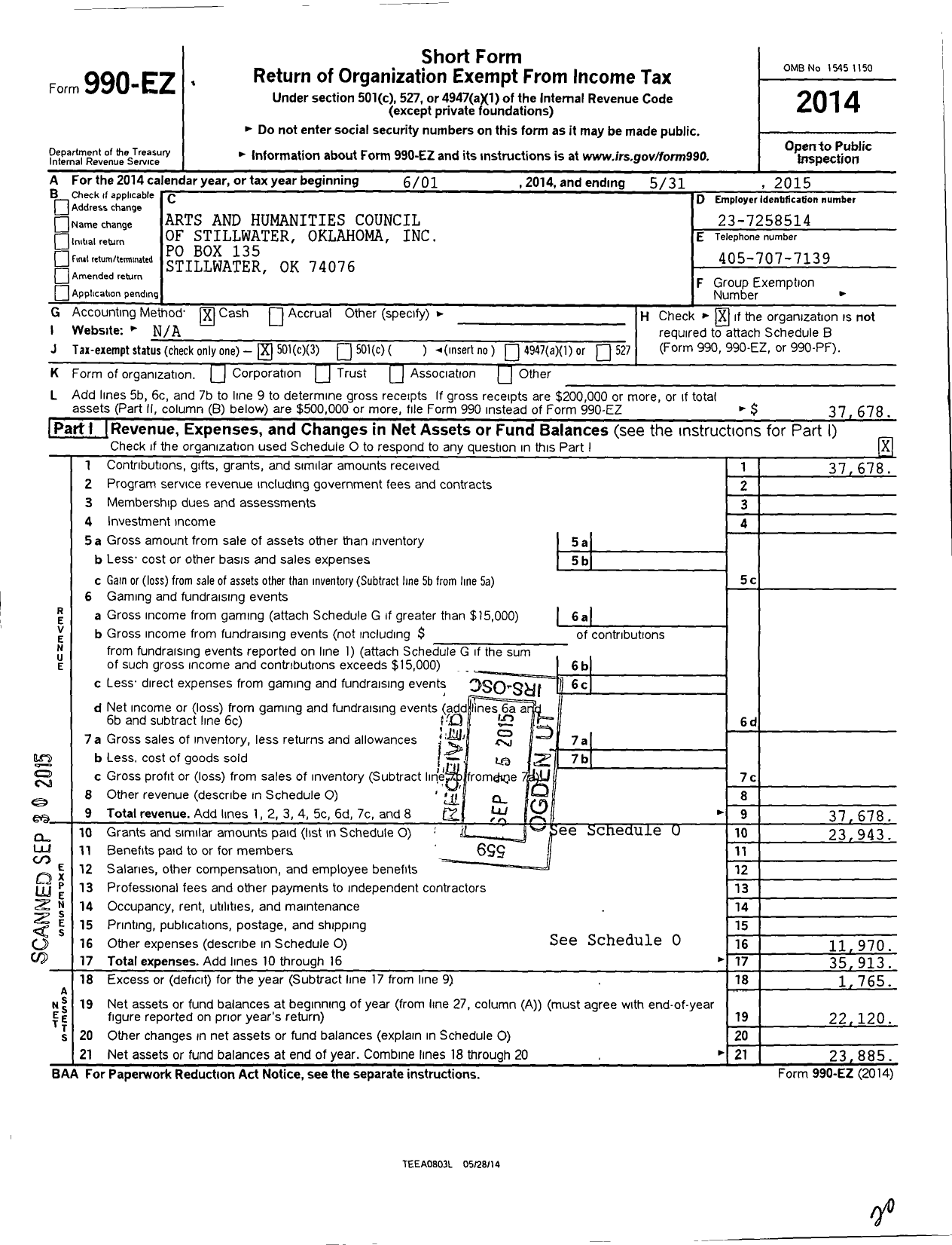 Image of first page of 2014 Form 990EZ for Arts and Humanities Council of Stillwater Oklahoma