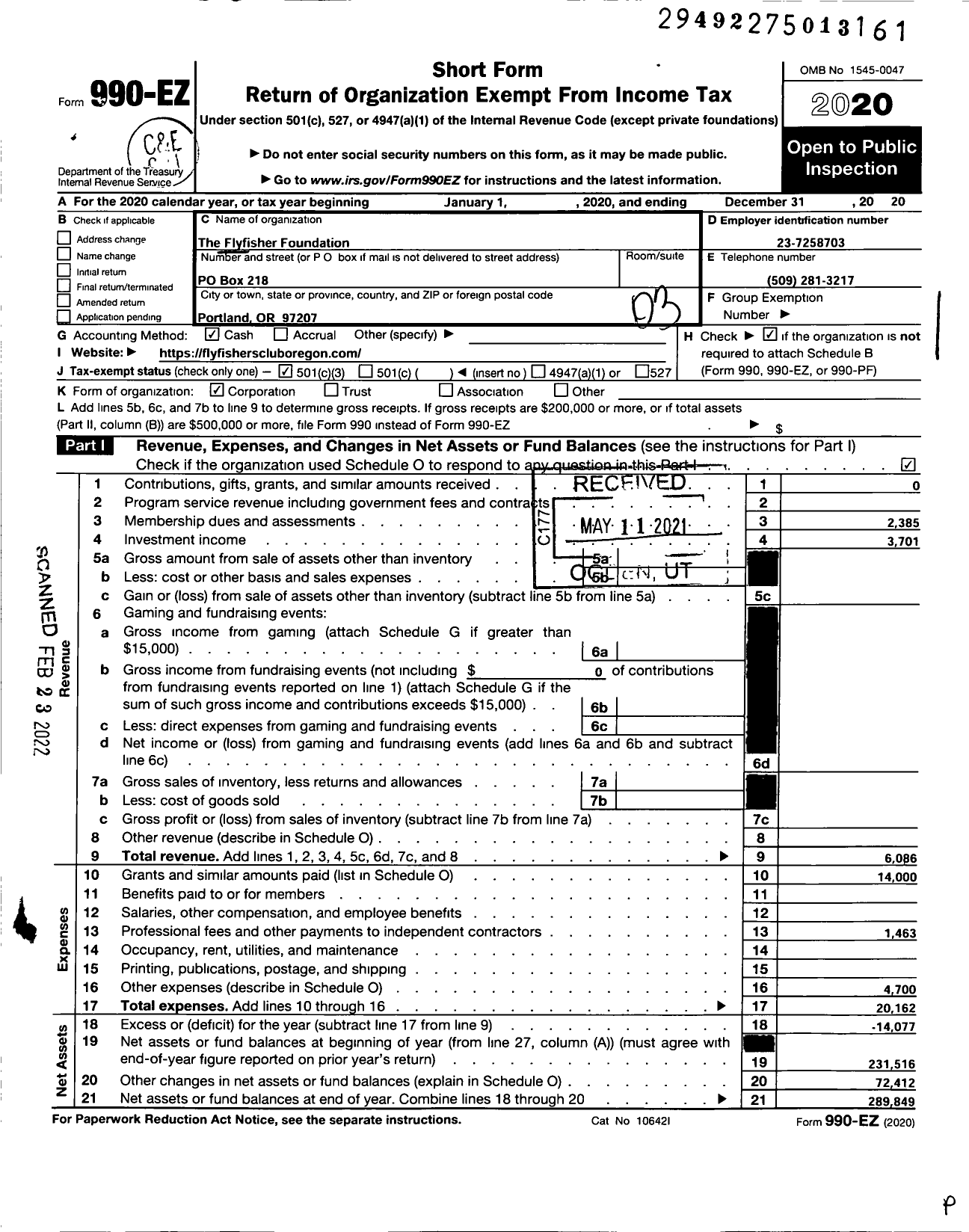 Image of first page of 2020 Form 990EZ for The Flyfisher Foundation