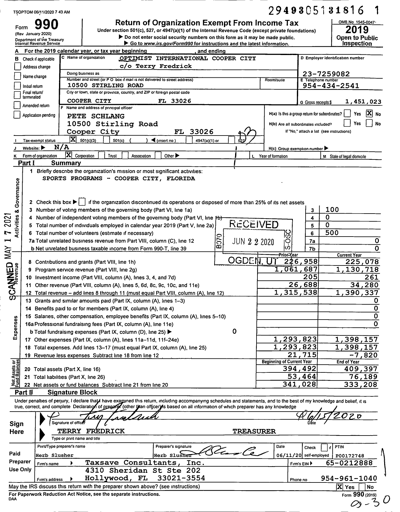 Image of first page of 2019 Form 990 for Optimist International Cooper City