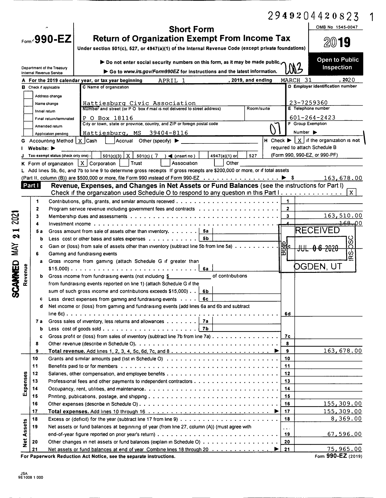 Image of first page of 2019 Form 990EO for Hattiesburg Civic Association