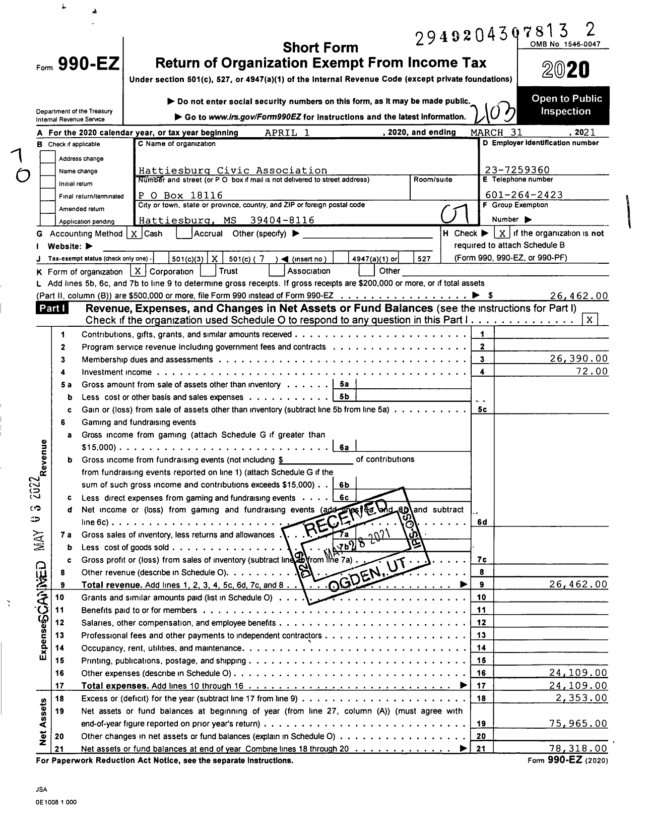 Image of first page of 2020 Form 990EO for Hattiesburg Civic Association