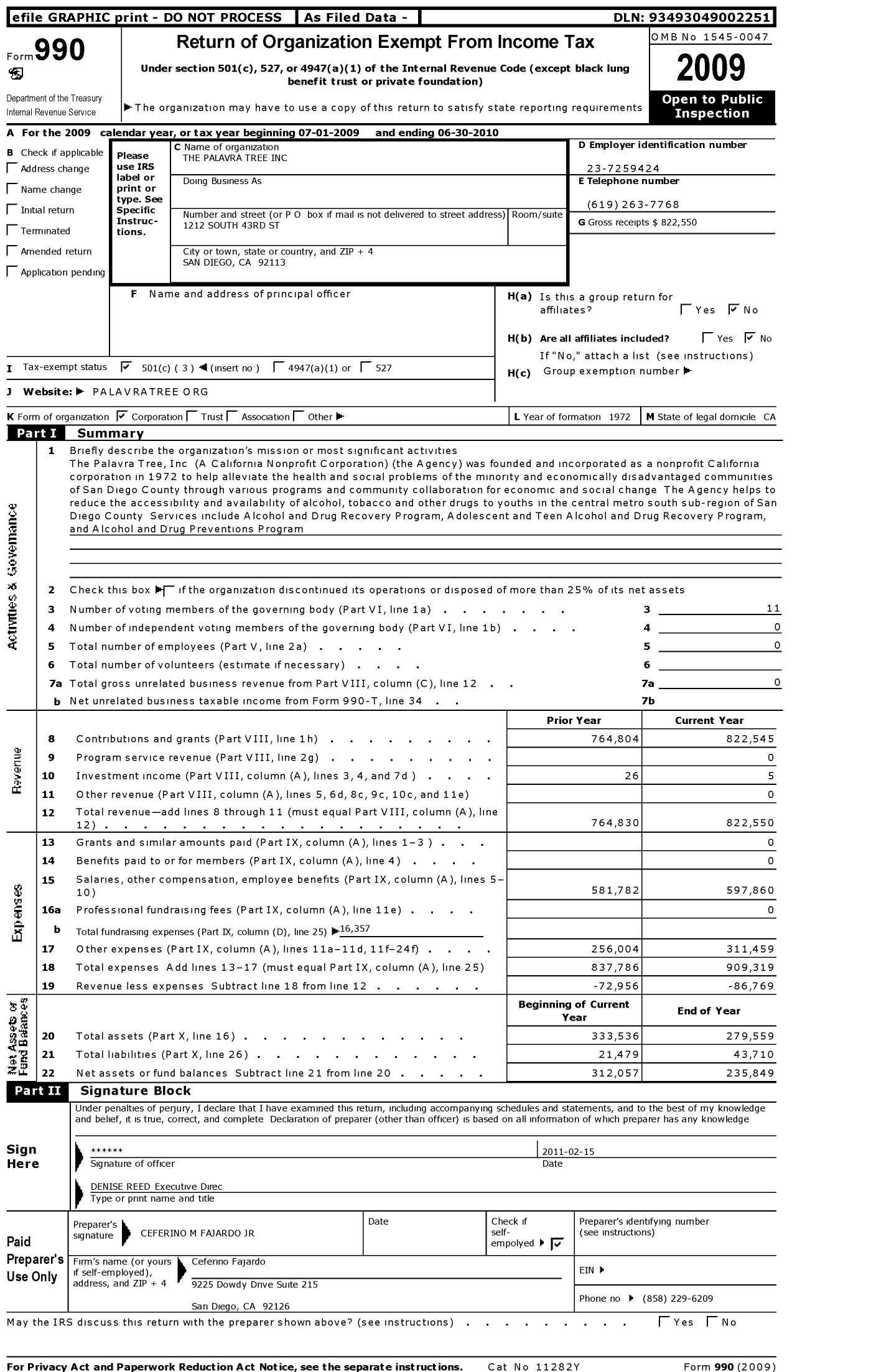 Image of first page of 2009 Form 990 for Palavra Tree