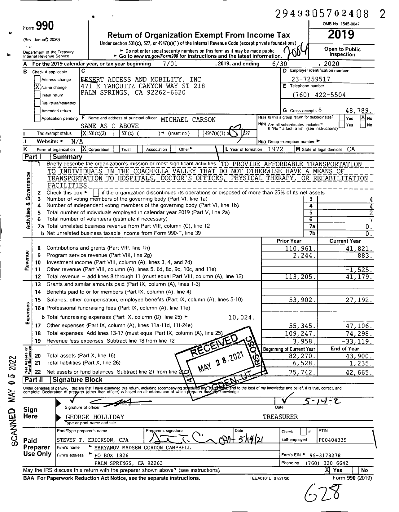 Image of first page of 2019 Form 990 for Desert Access and Mobility