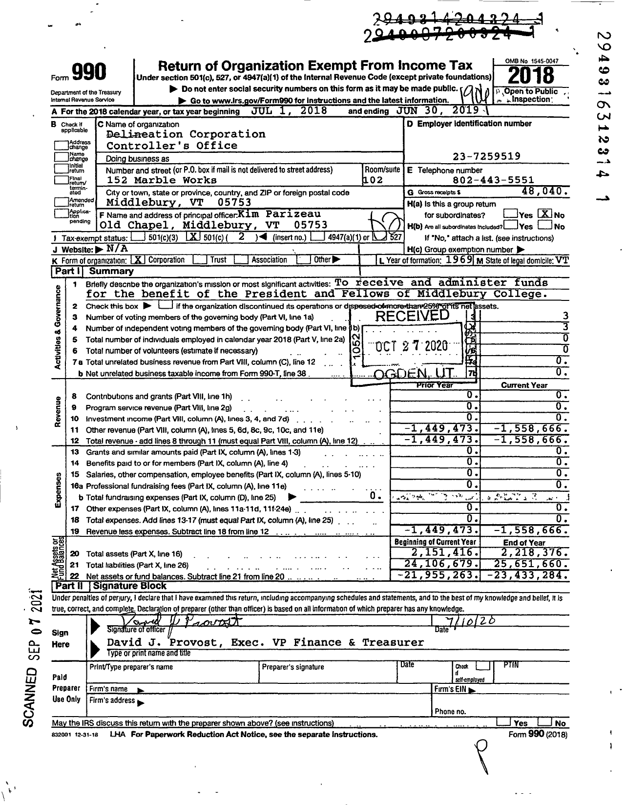 Image of first page of 2018 Form 990O for Delineation Corporation Controller's Office