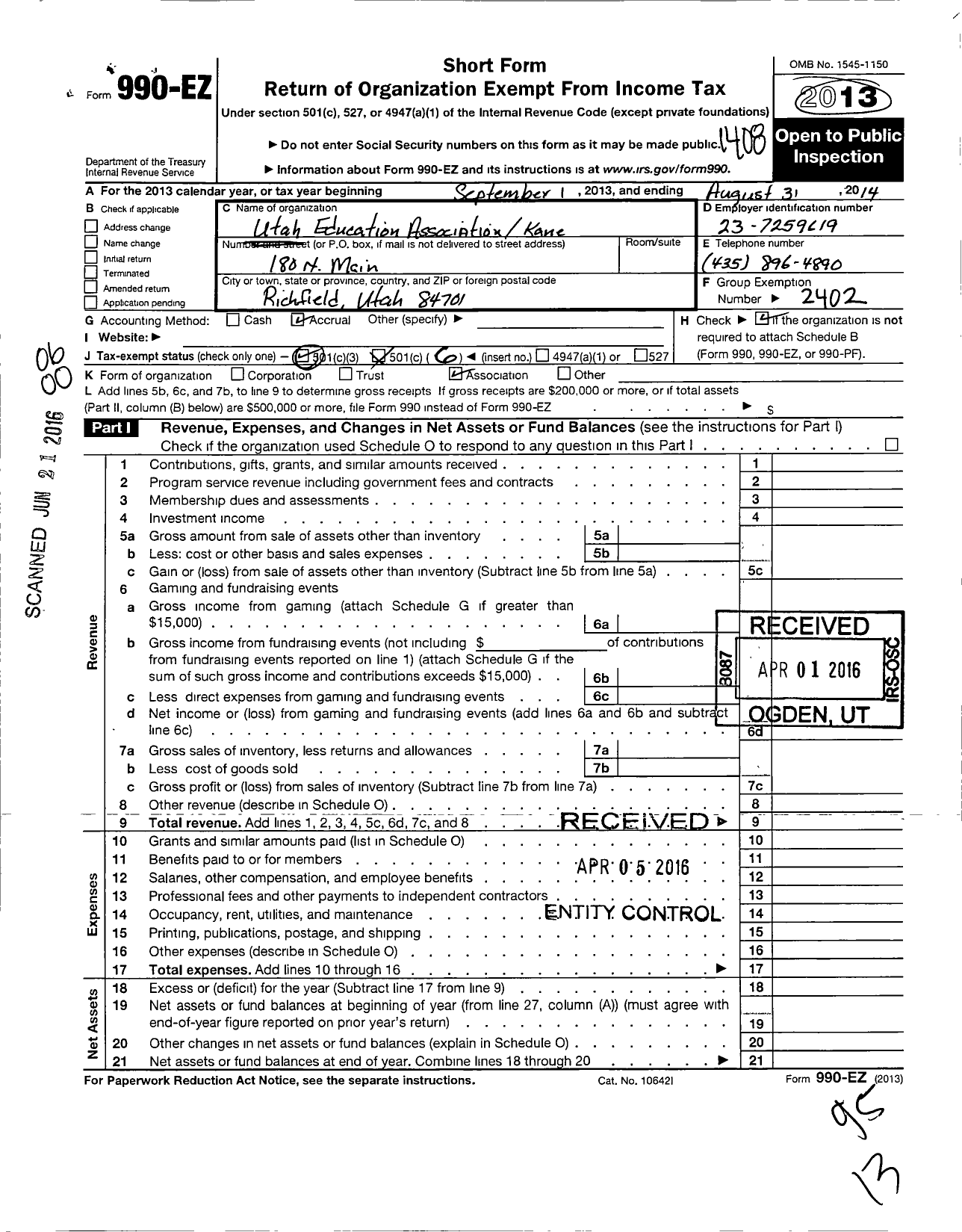 Image of first page of 2013 Form 990EO for Utah Education Association / Kane