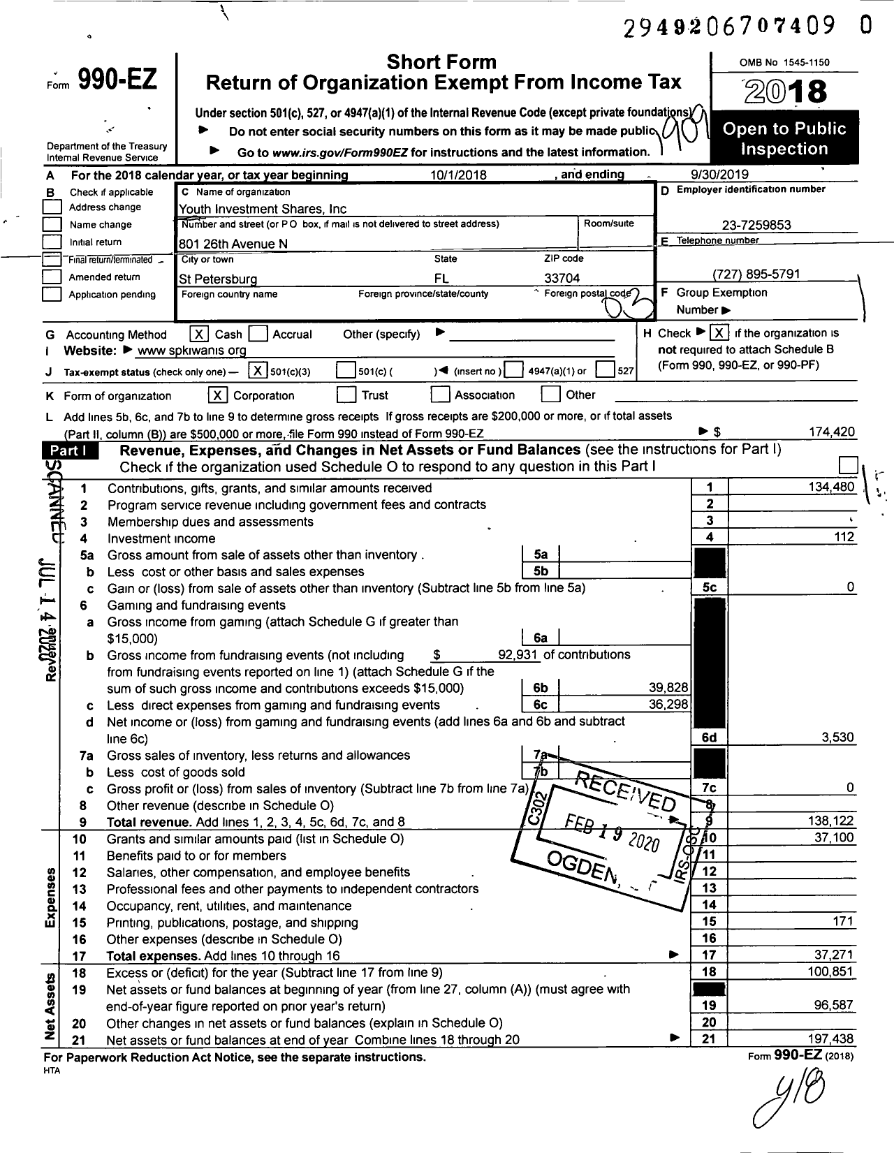 Image of first page of 2018 Form 990EZ for Youth Investment Shares