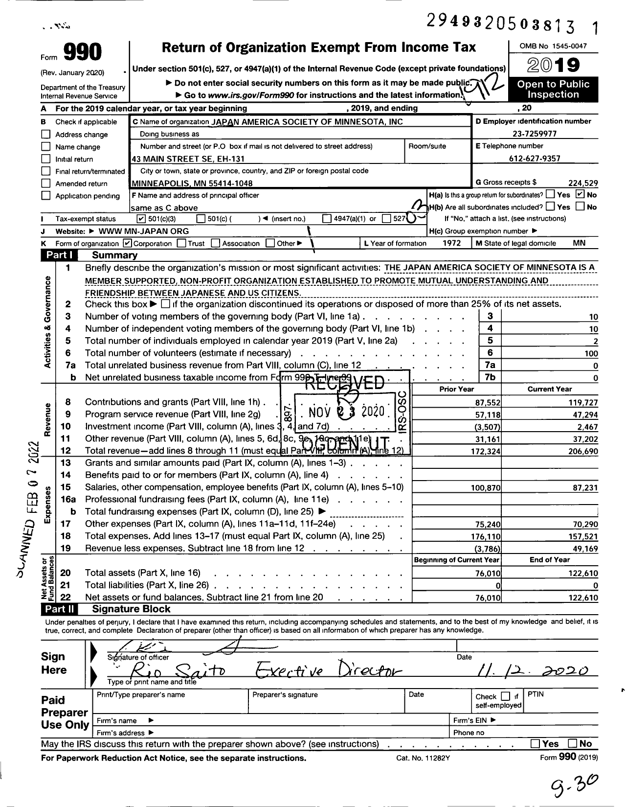 Image of first page of 2019 Form 990 for Japan America Society of Minnesota