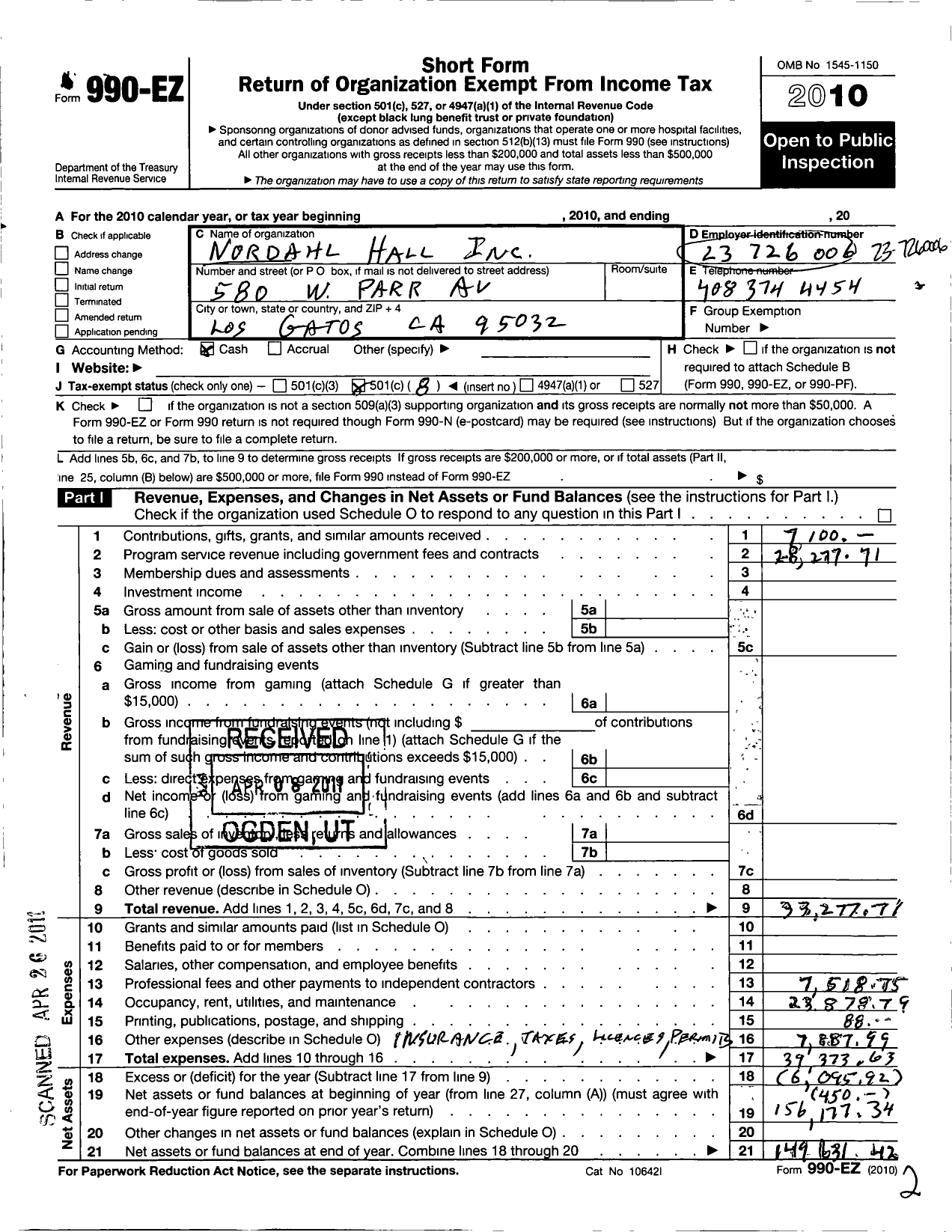 Image of first page of 2010 Form 990EO for Nordahl Hall