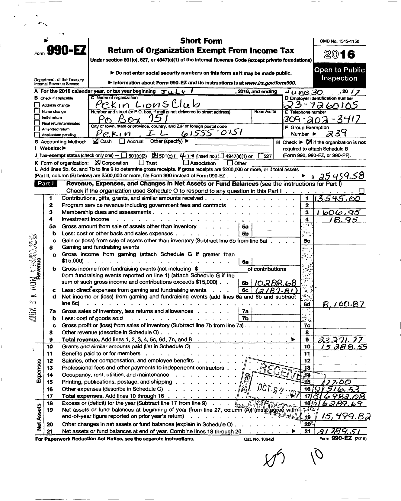 Image of first page of 2016 Form 990EO for Lions Clubs - 501 Pekin