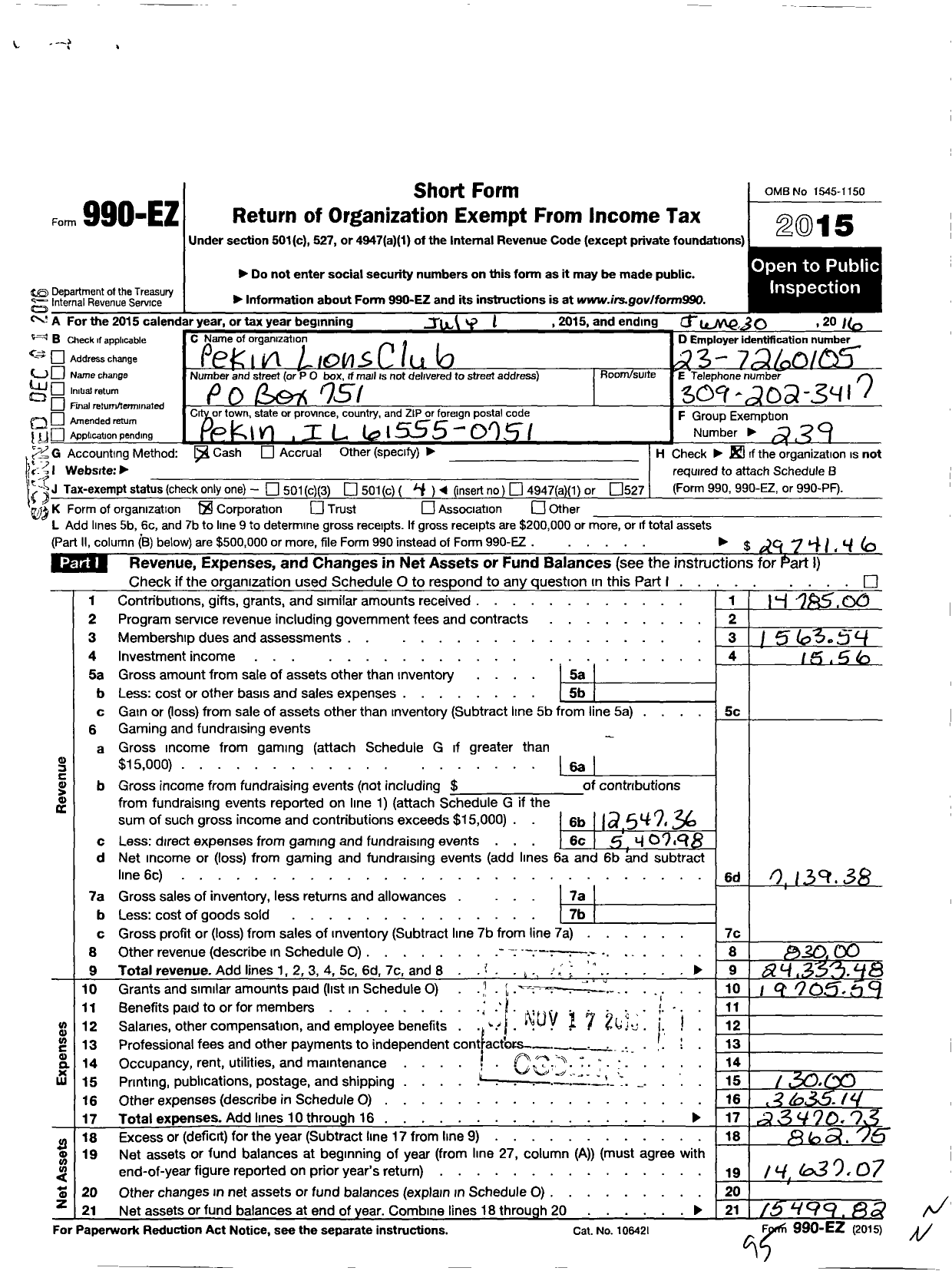 Image of first page of 2016 Form 990EO for Lions Clubs - 501 Pekin