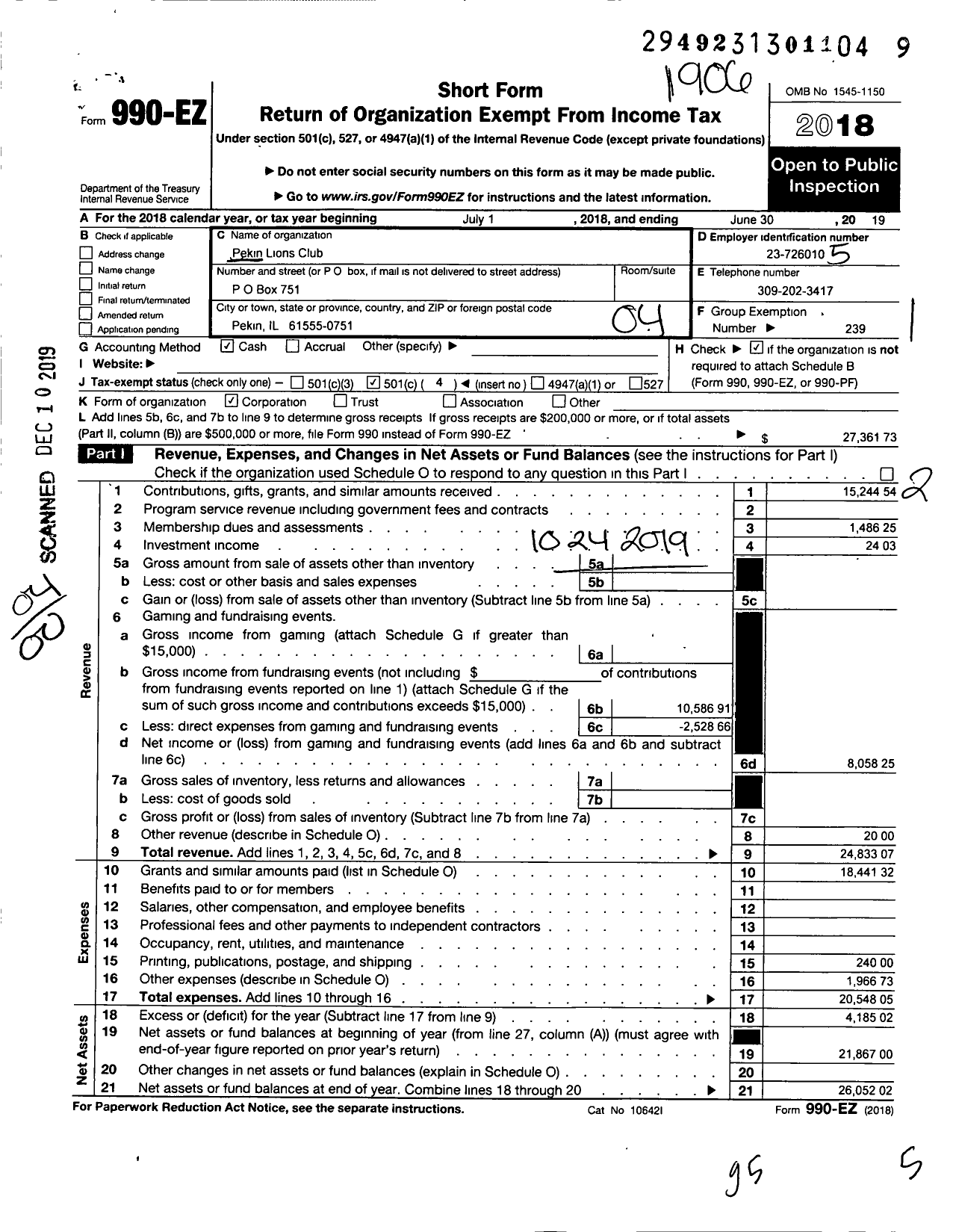 Image of first page of 2018 Form 990EO for Lions Clubs - 501 Pekin