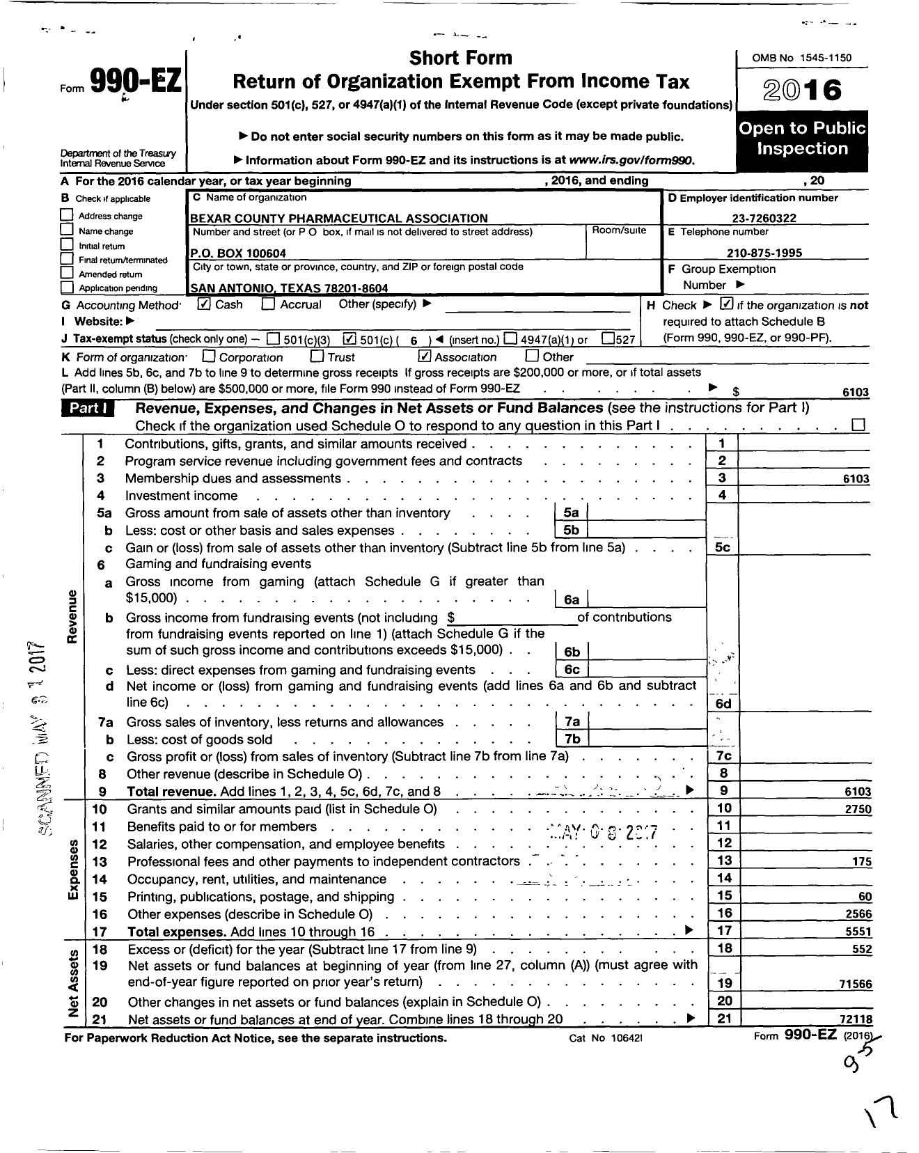 Image of first page of 2016 Form 990EO for Bexar County Pharmaceutical Association