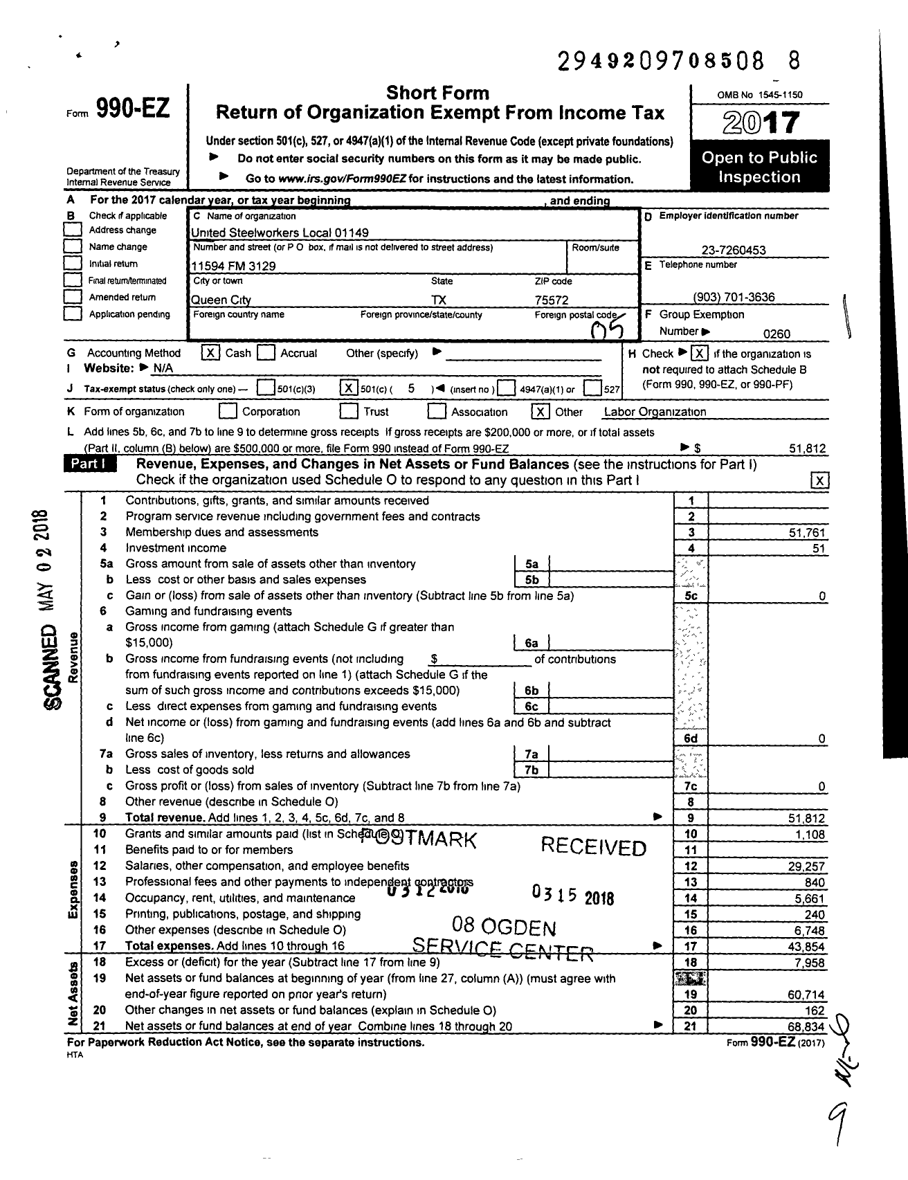 Image of first page of 2017 Form 990EO for United Steelworkers - 01149 Local