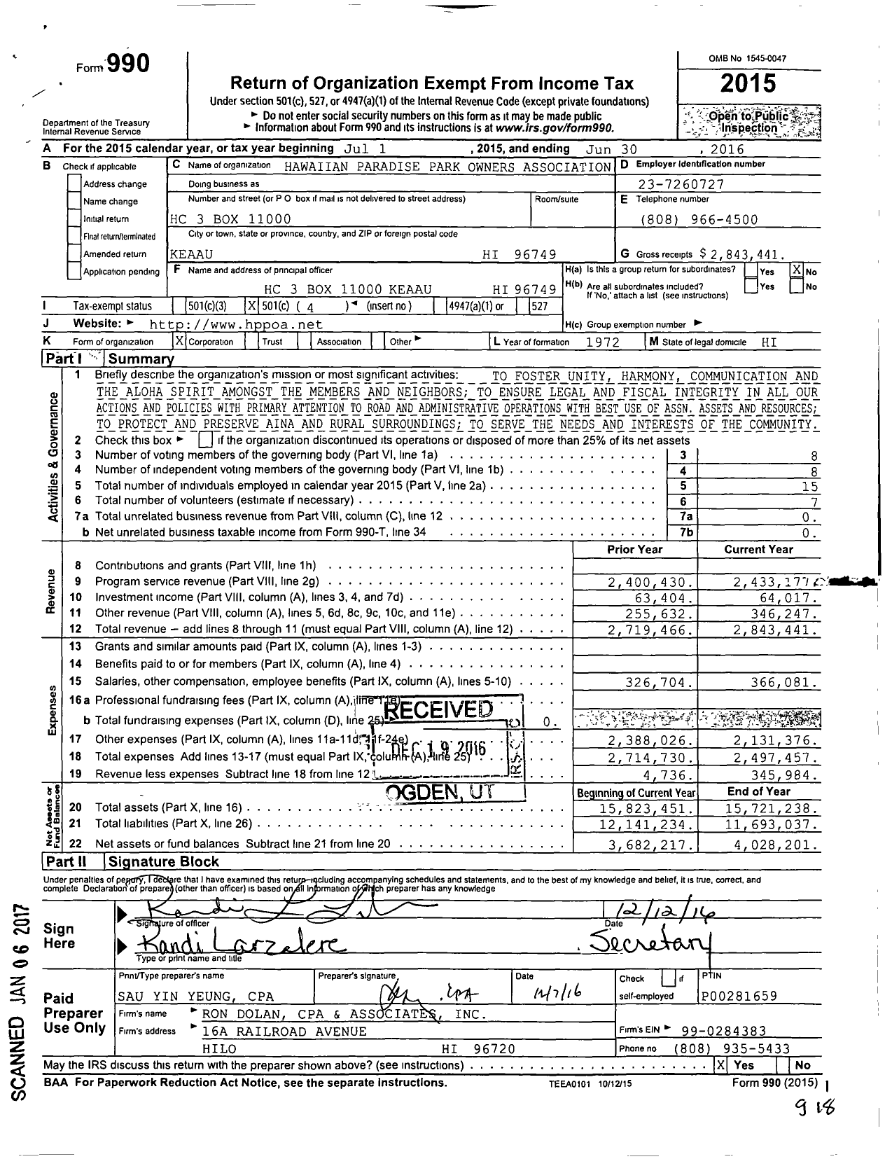 Image of first page of 2015 Form 990O for Hawaiian Paradise Park Owners Association