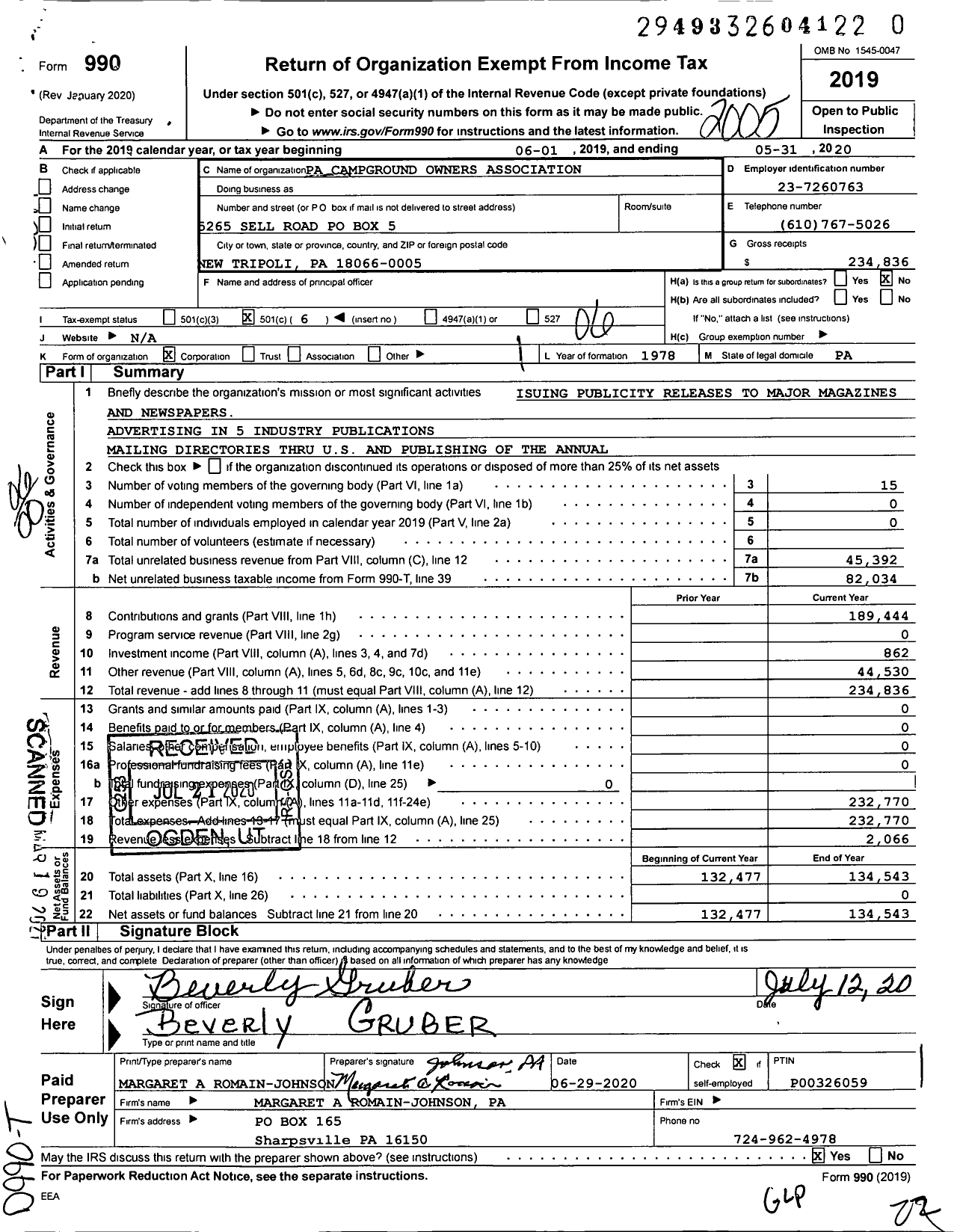 Image of first page of 2019 Form 990O for Pennsylvania Campground Owners Association
