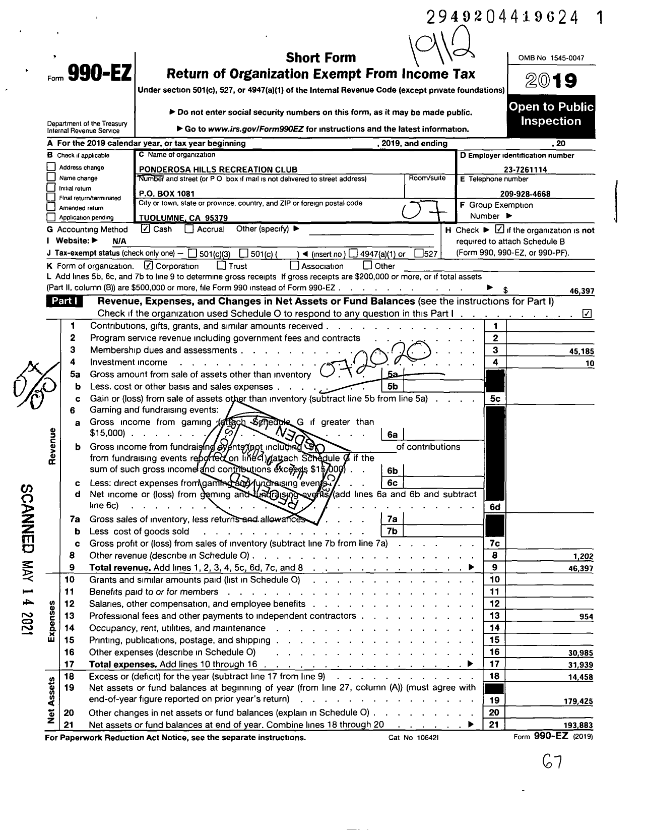 Image of first page of 2019 Form 990EO for Ponderosa Hills Recreation Club