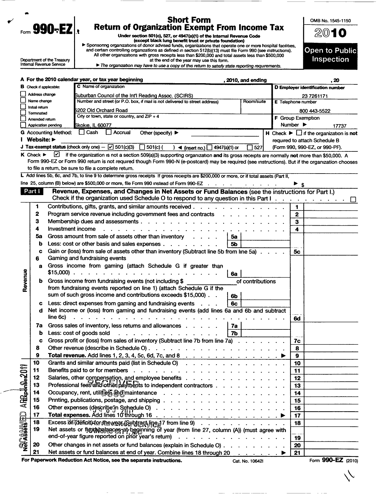 Image of first page of 2010 Form 990EZ for Illinois Reading Council / Suburban Council of Ira Scira