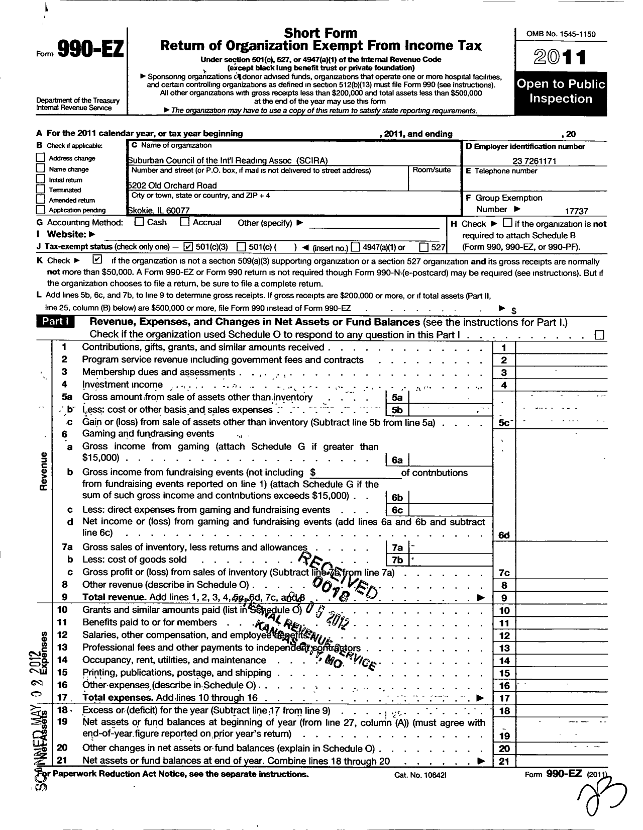 Image of first page of 2011 Form 990EZ for Illinois Reading Council / Suburban Council of Ira Scira