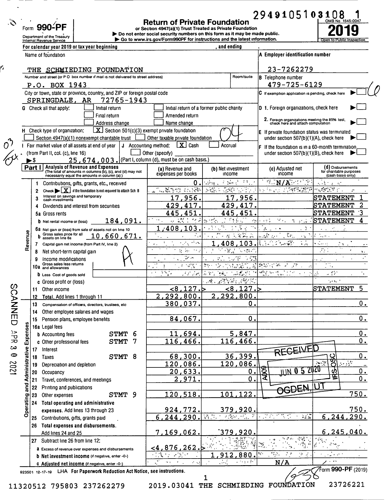 Image of first page of 2019 Form 990PF for Schmieding Foundation