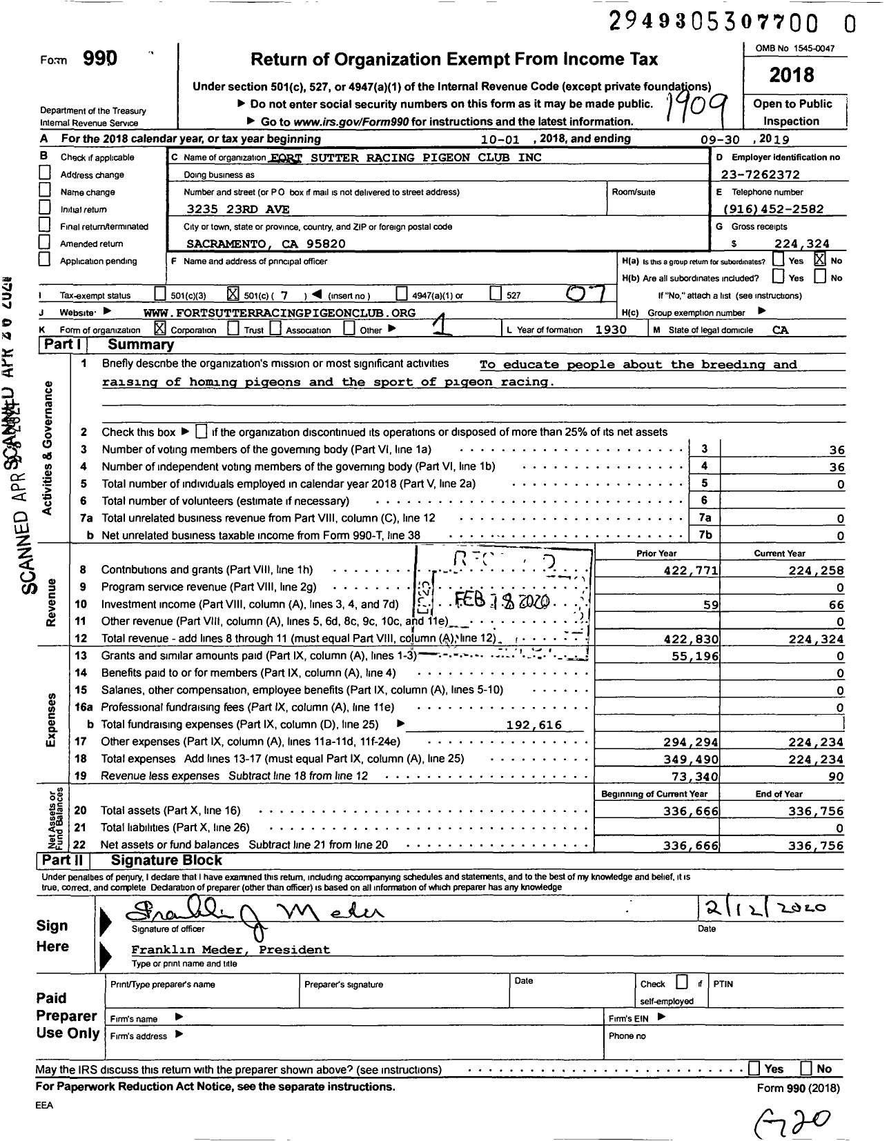 Image of first page of 2018 Form 990O for Fort Sutter Racing Pigeon Club