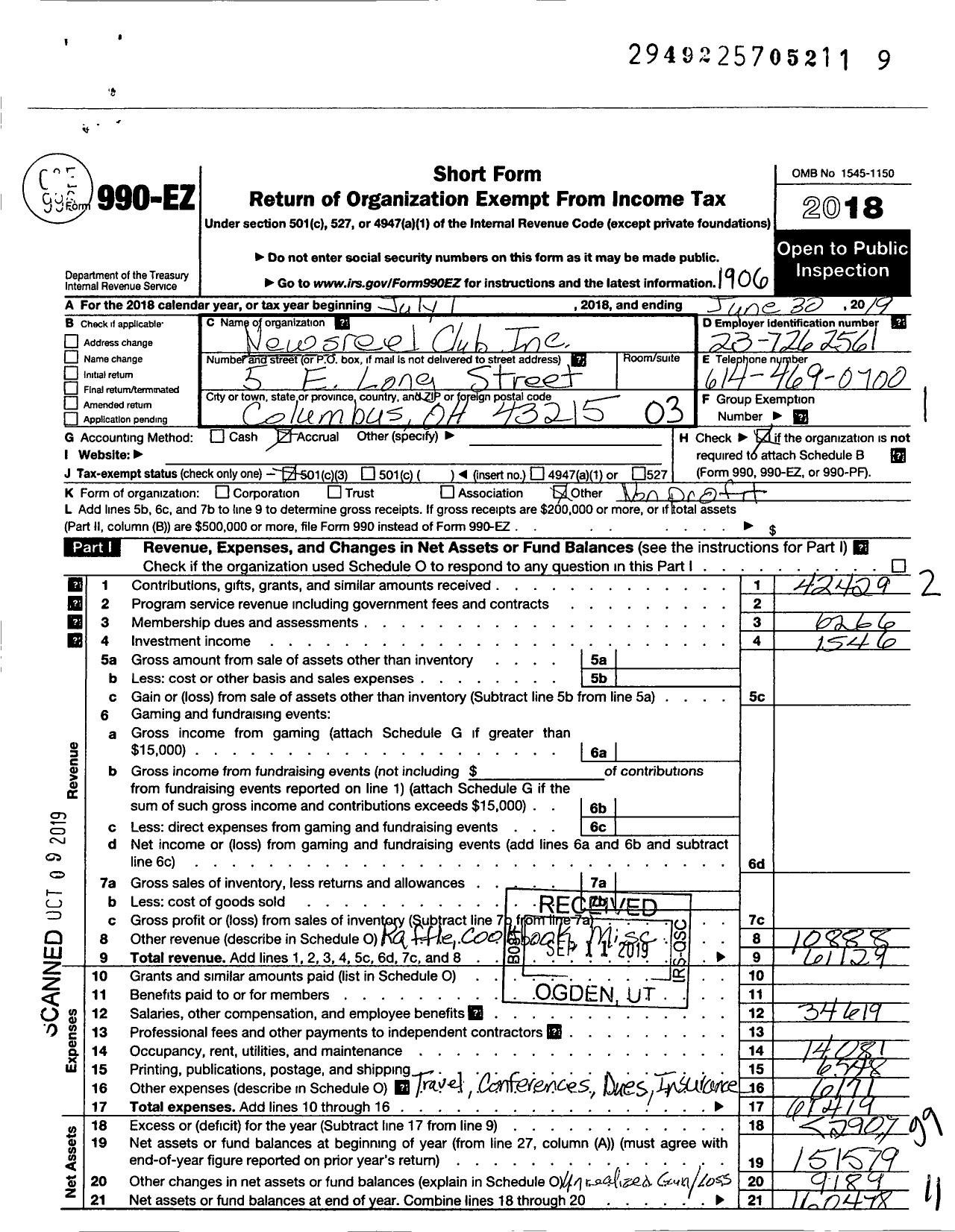 Image of first page of 2018 Form 990EZ for Newsreel Club