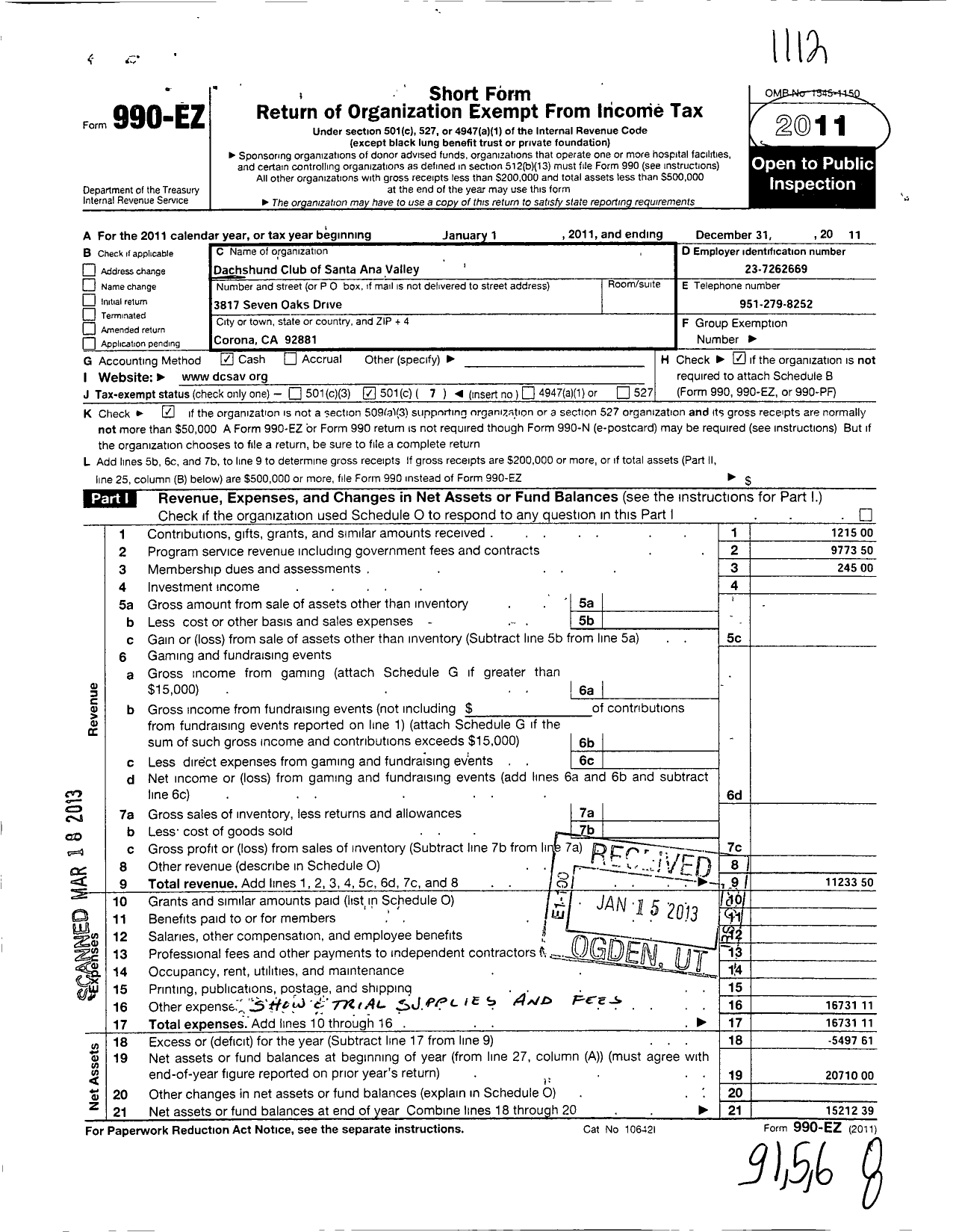 Image of first page of 2011 Form 990EO for Dachshund Club of Santa Ana Valley